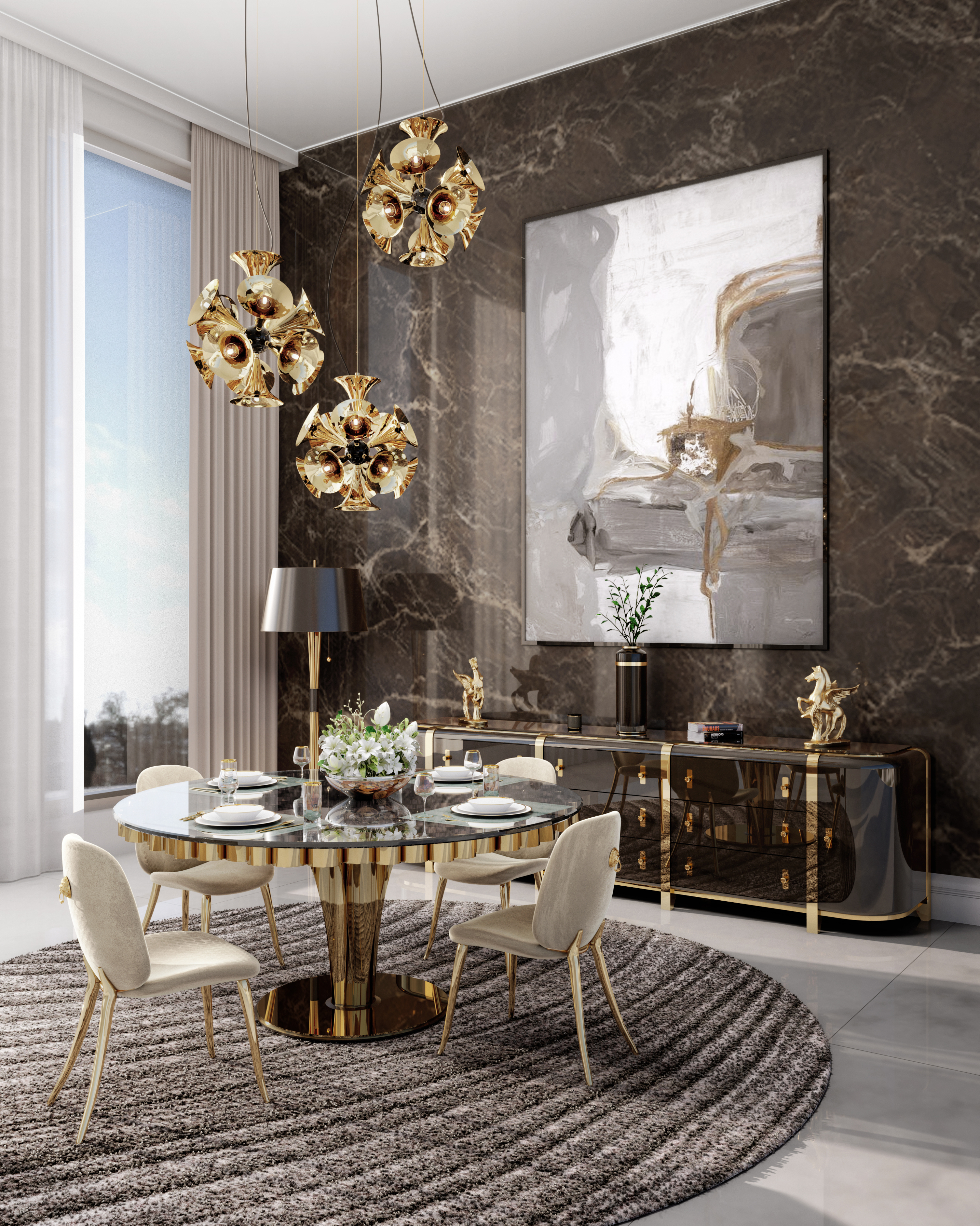 Beautiful and glamorous dining room with Kara&nbsp;rug by Rug'Society