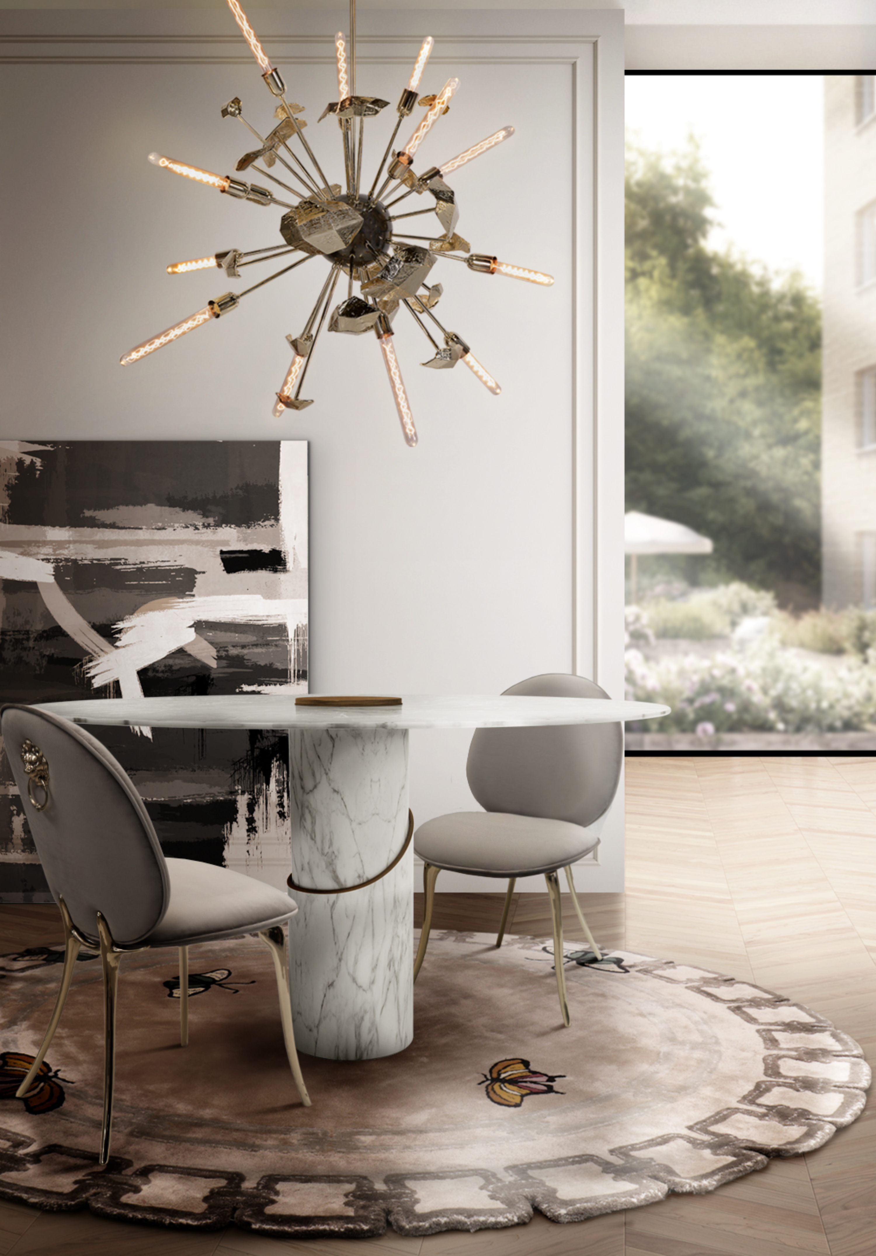 Beautiful and Neutral-toned dining room with Metamorphosis&nbsp;rug by Rug'Society