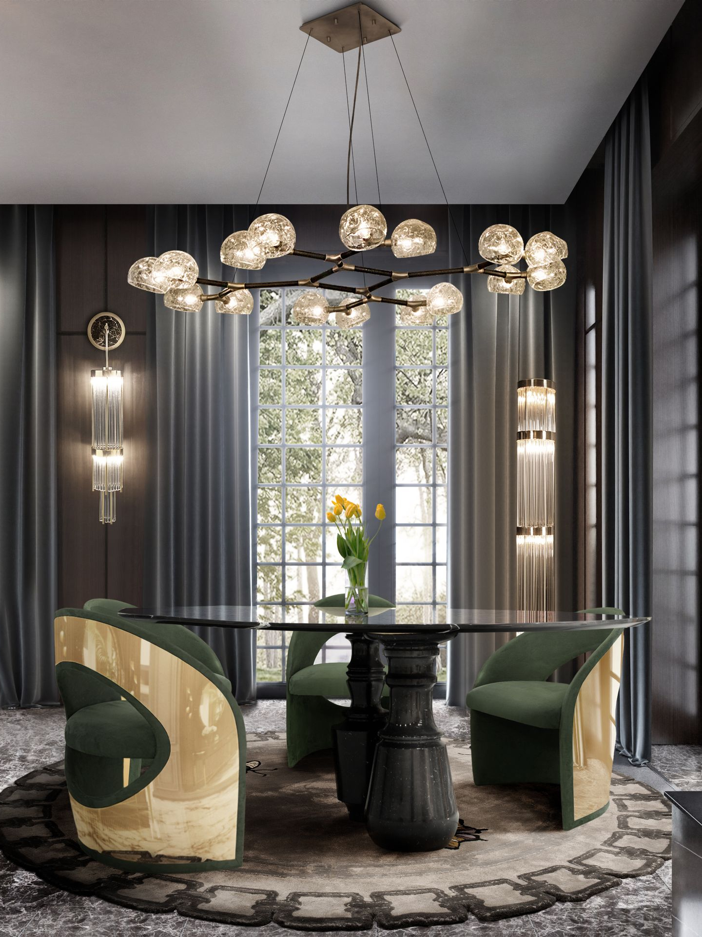 Beautiful Biophilic Dining Room With Metamorphosis Round&nbsp;Carpet by Rug'Society