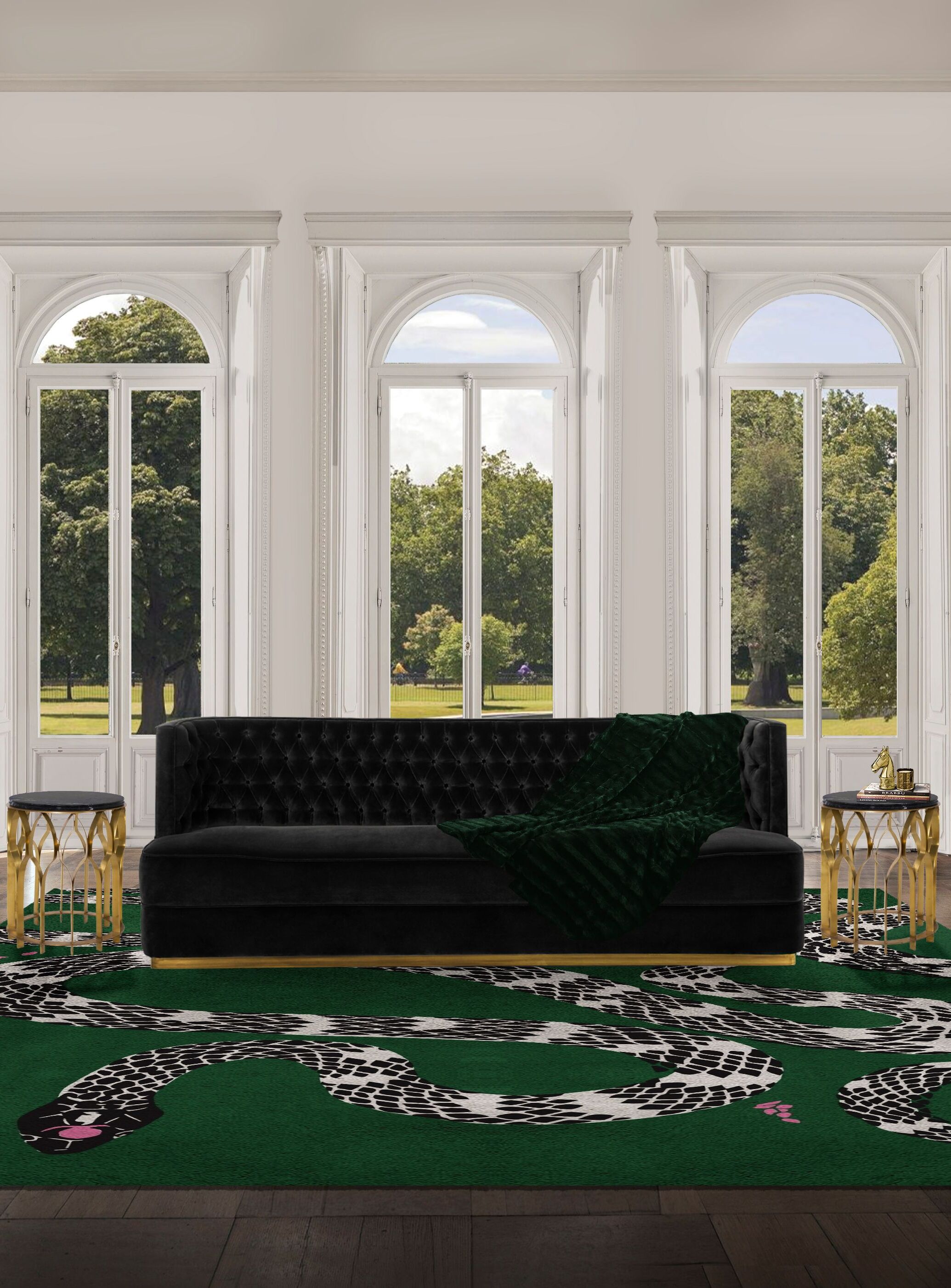 Beautiful Living Room With Snake Botanical&nbsp;Rug by Rug'Society