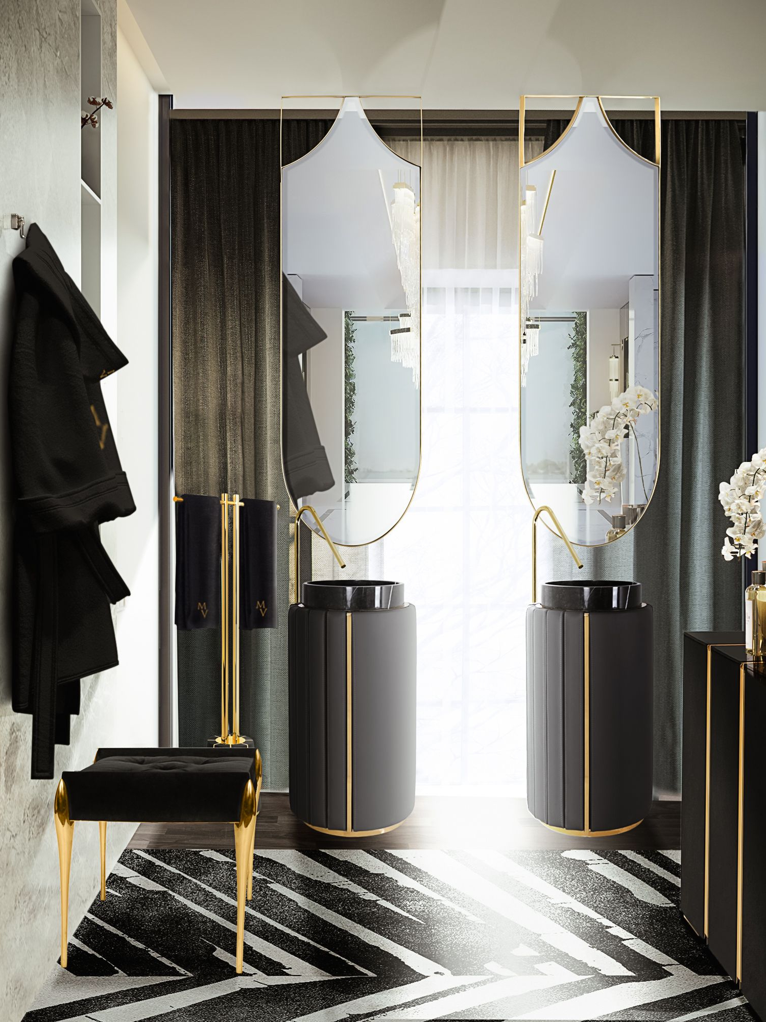 Black and White, A Beautiful Bathroom Design with Palm&nbsp;Rug by Rug'Society