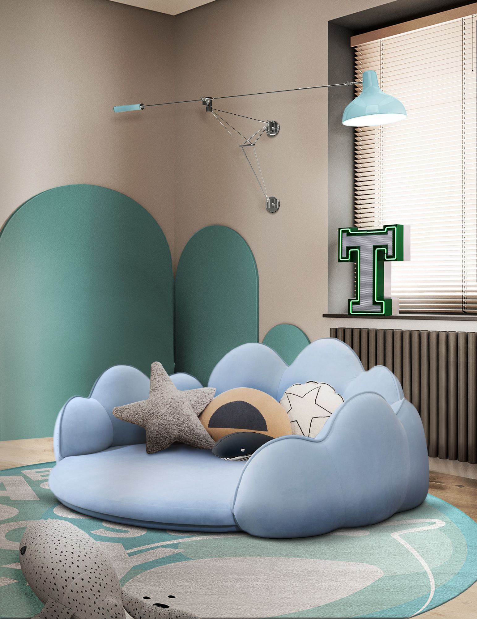 Blue-Toned Bedroom With The Ocean's ABC&nbsp;Rug by Rug'Society