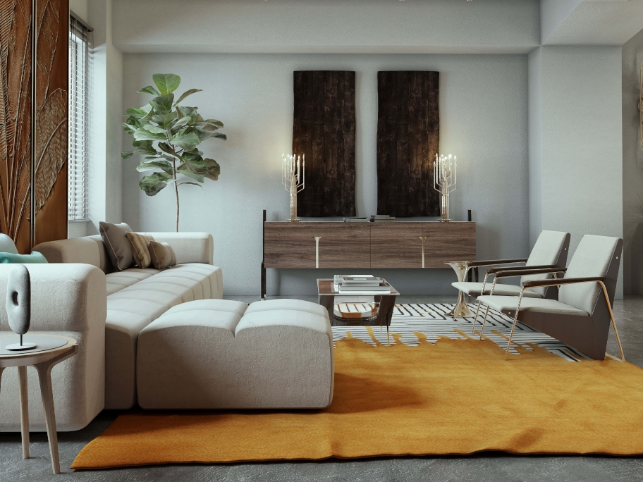 Bold Mid-Century Living Room With Valencia&nbsp;Rug by Rug'Society