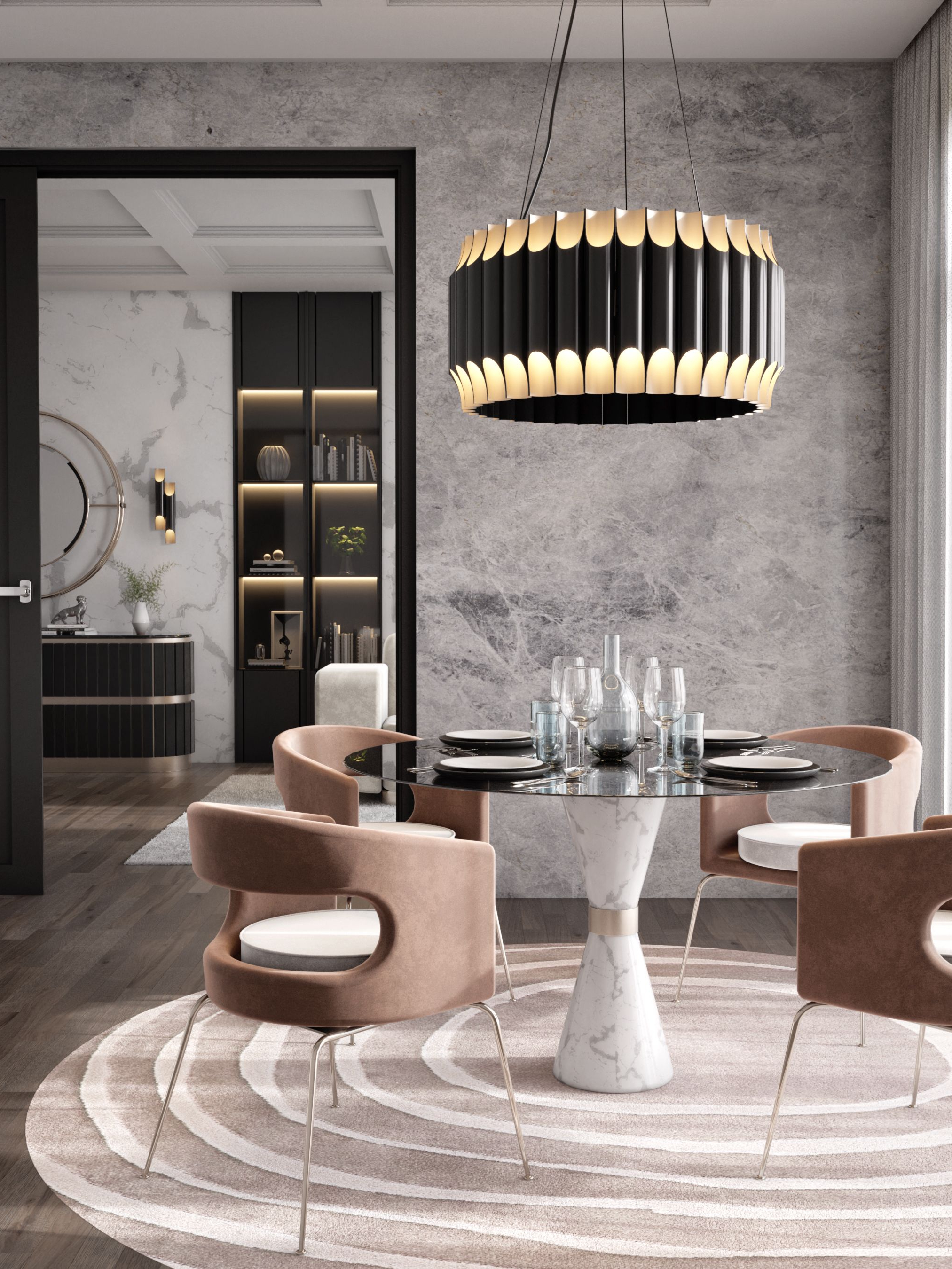 Classic Dining Room Ambiance with Neutral Eye&nbsp;Rug by Rug'Society