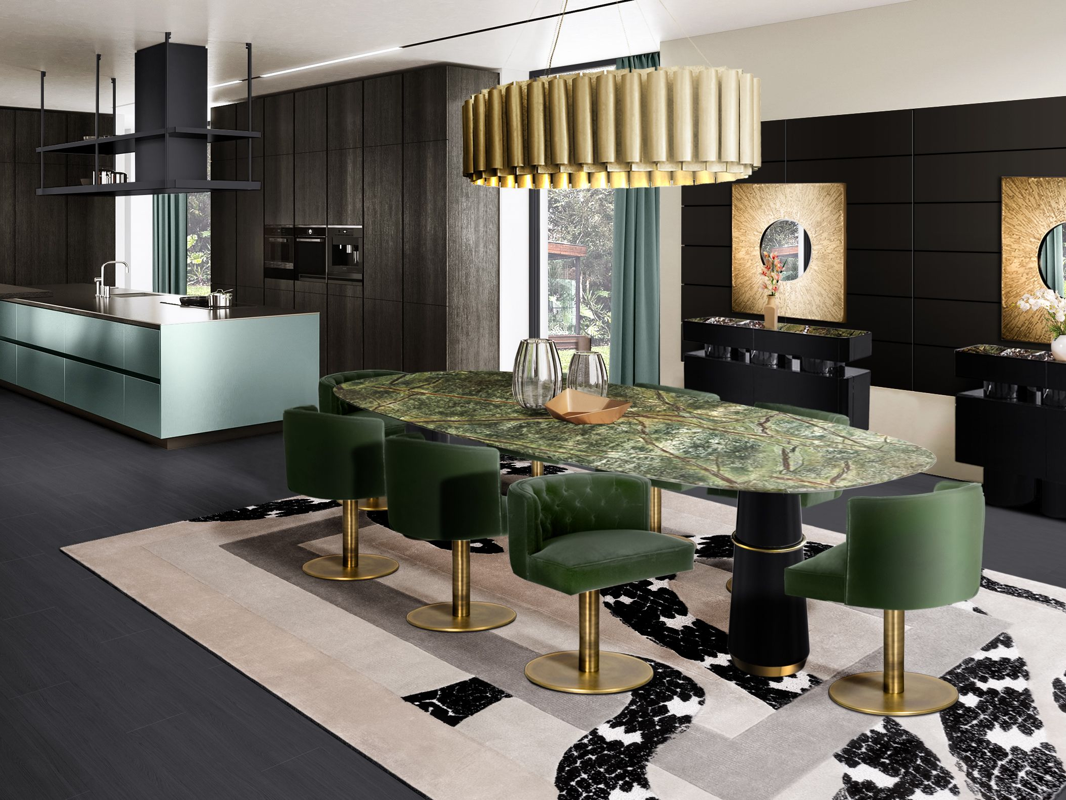 Contemporary Dining Room With The Luxurious Designer Carpet, Imperial Snake&nbsp;Rug by Rug'Society