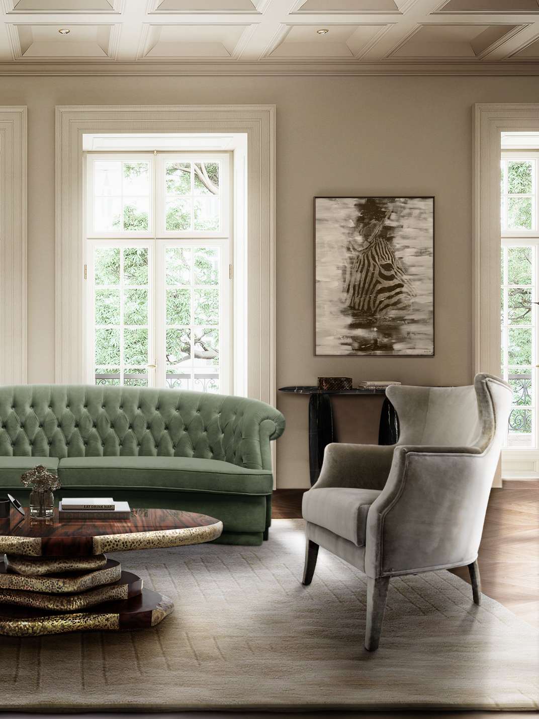 CONTEMPORARY LIVING ROOM DESIGN WITH WHITE GARDEN&nbsp;RUG by Rug'Society