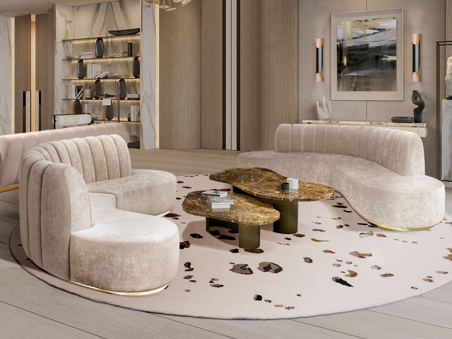 Contemporary living room with round oslo&nbsp;rug by Rug'Society