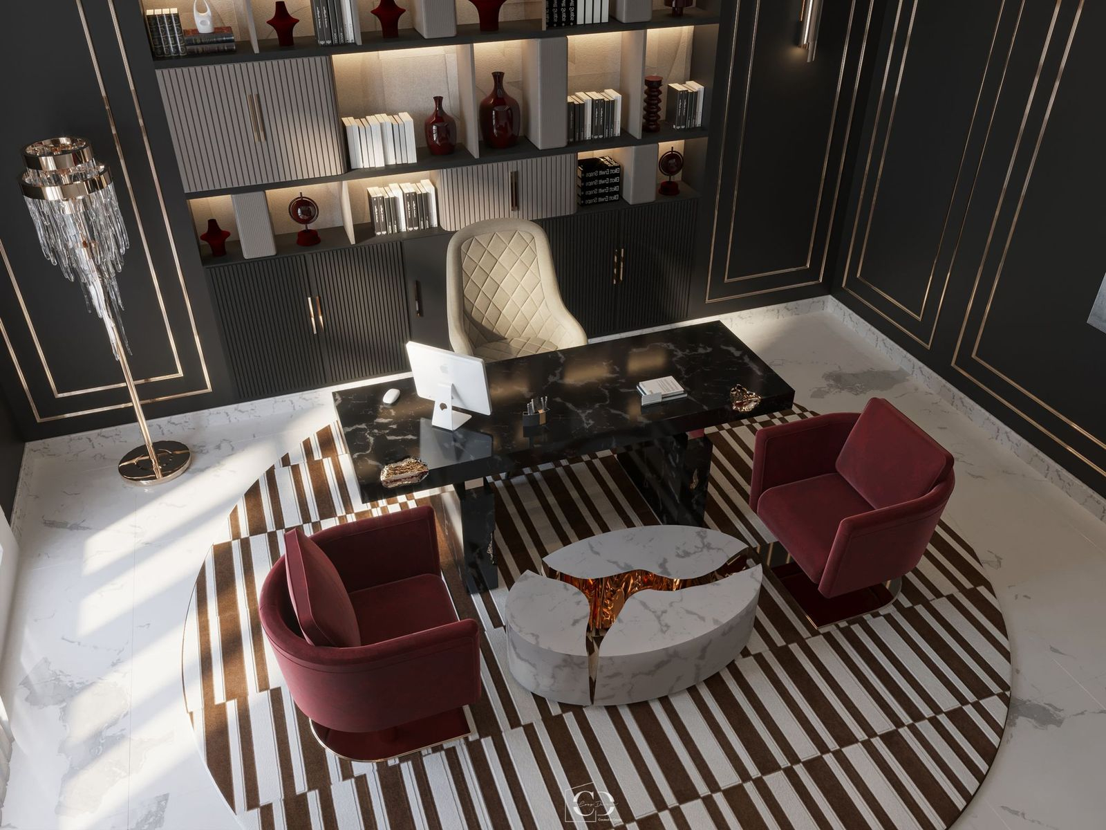 Dashing Home Office With Round Leather Mila&nbsp;Rug by Rug'Society