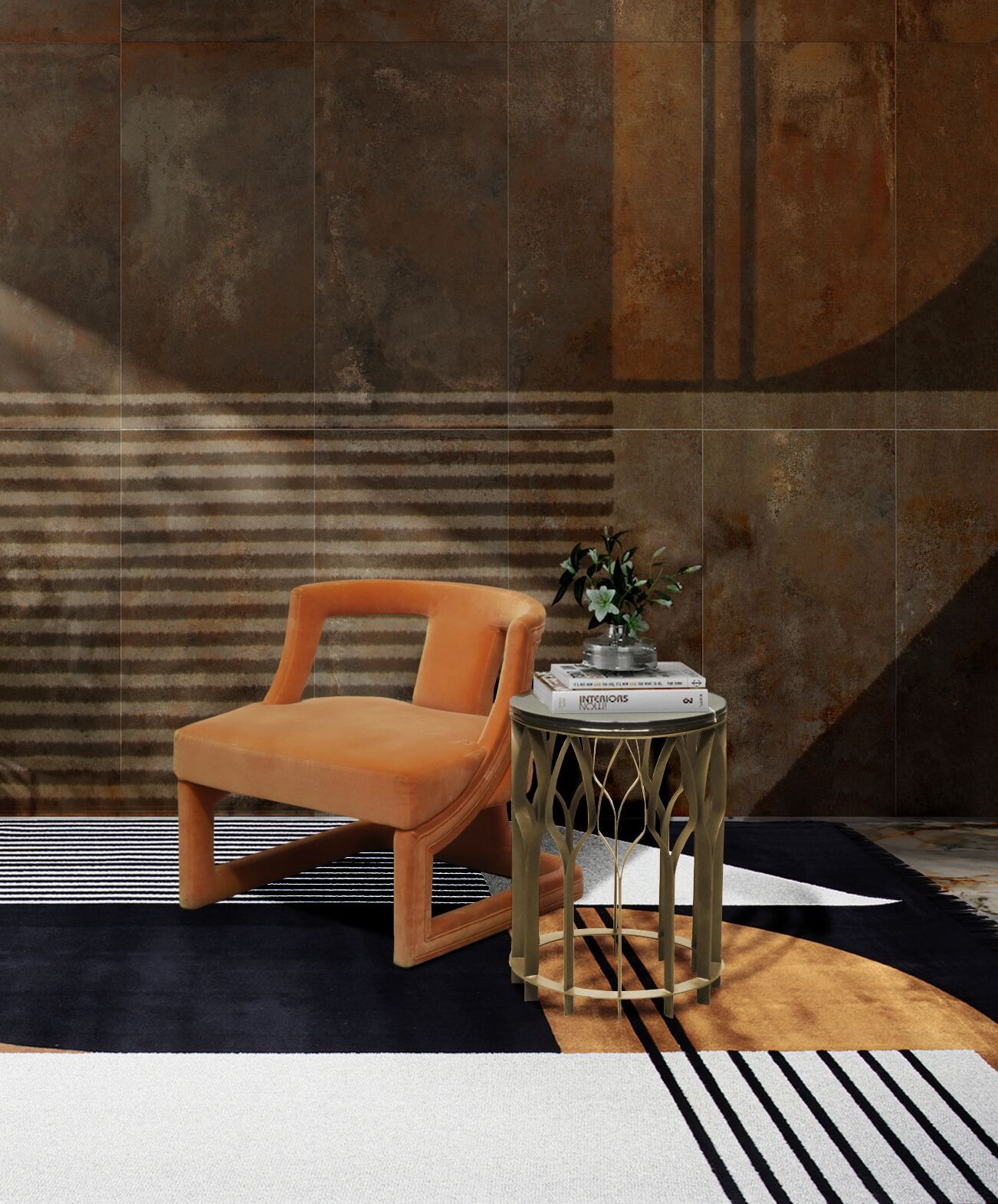 Earth-Toned Reading Corner With Antelope Geometric&nbsp;Rug by Rug'Society