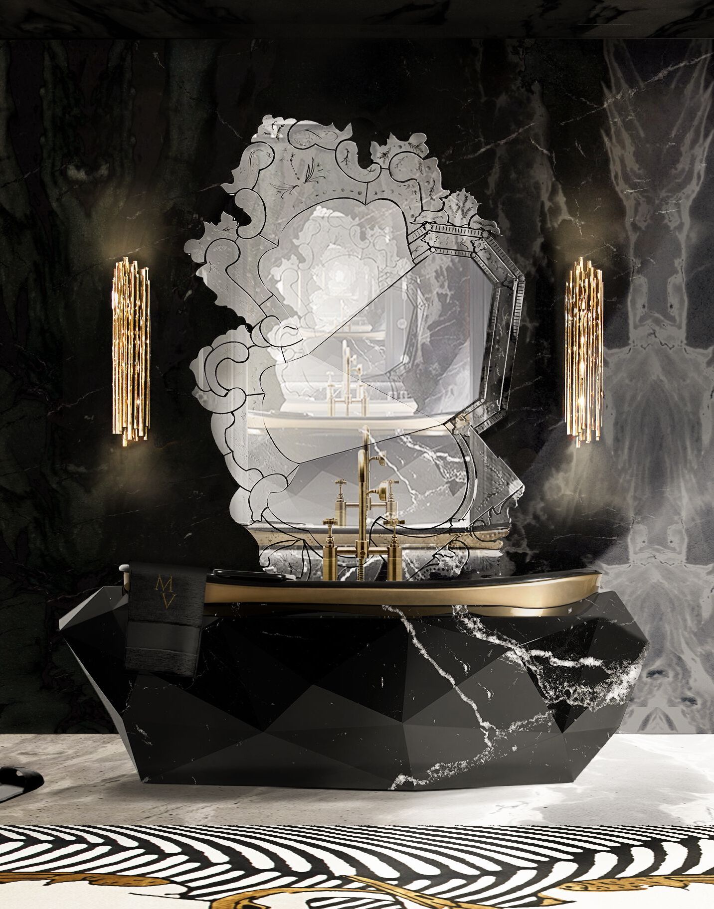 Elegant Bathroom With Couple Botanical&nbsp;Rug by Rug'Society