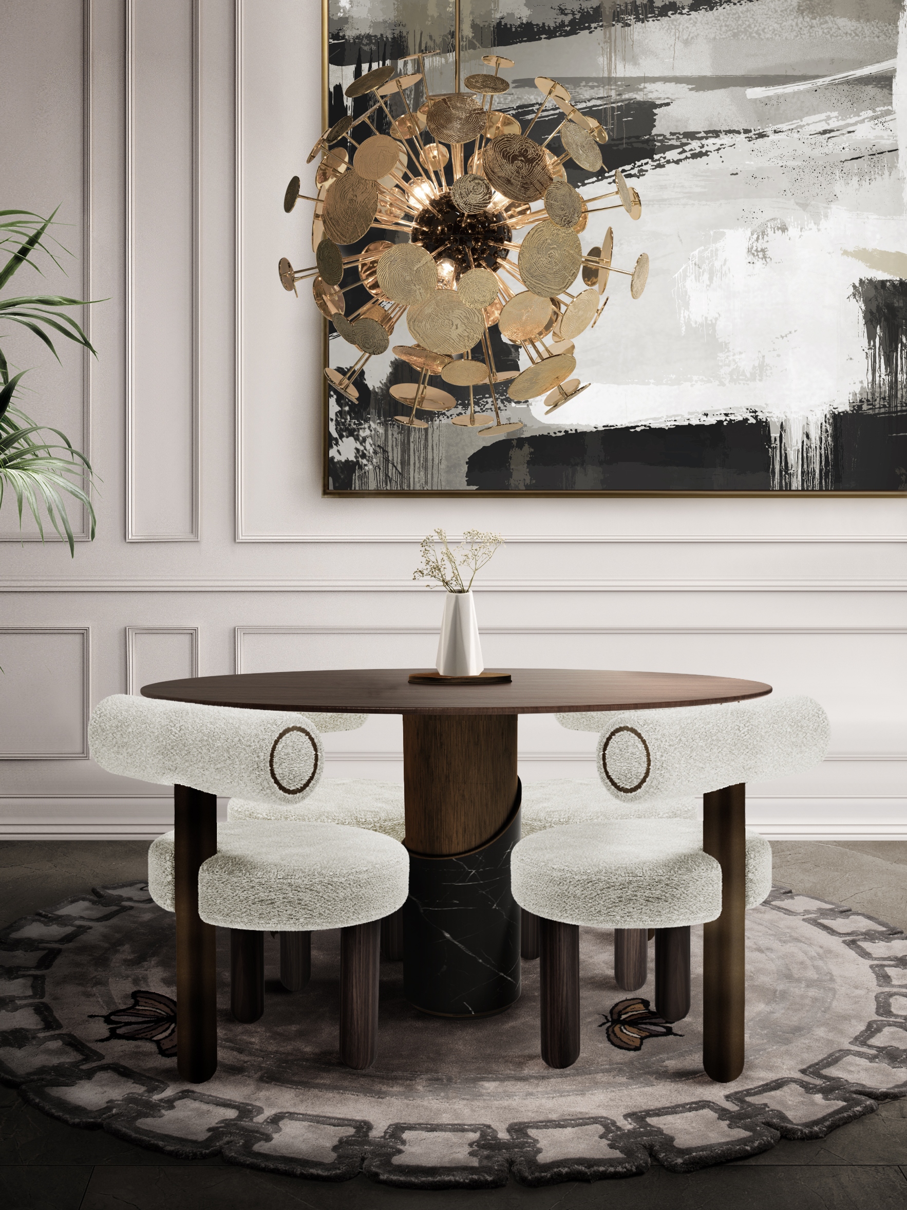 Elegant Small Modern Dining Room With Round Metamorphosis&nbsp;Rug by Rug'Society