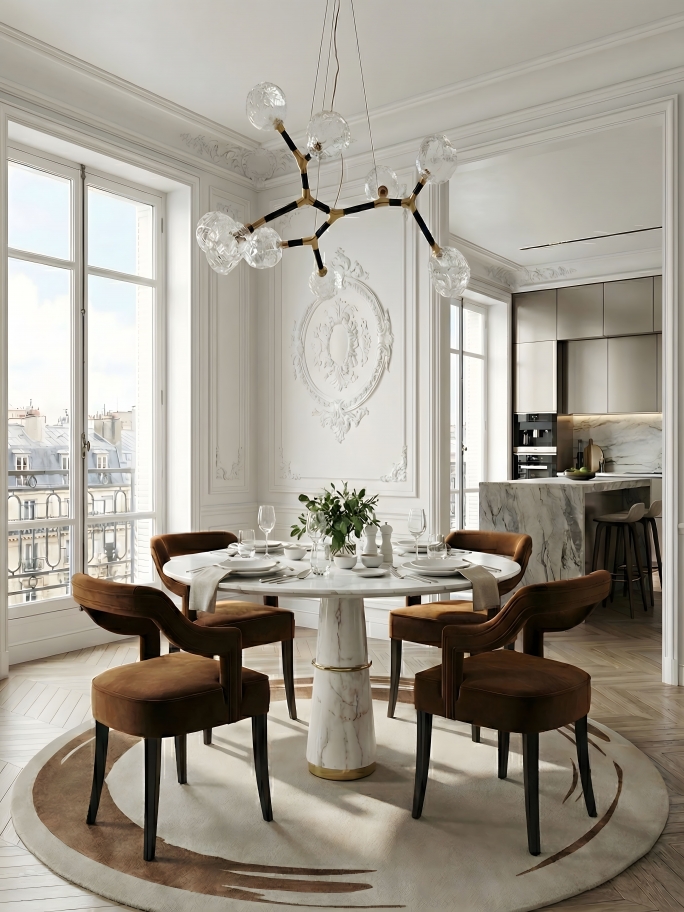 Elegant White Dining Room With Uzu Round&nbsp;Rug by Rug'Society