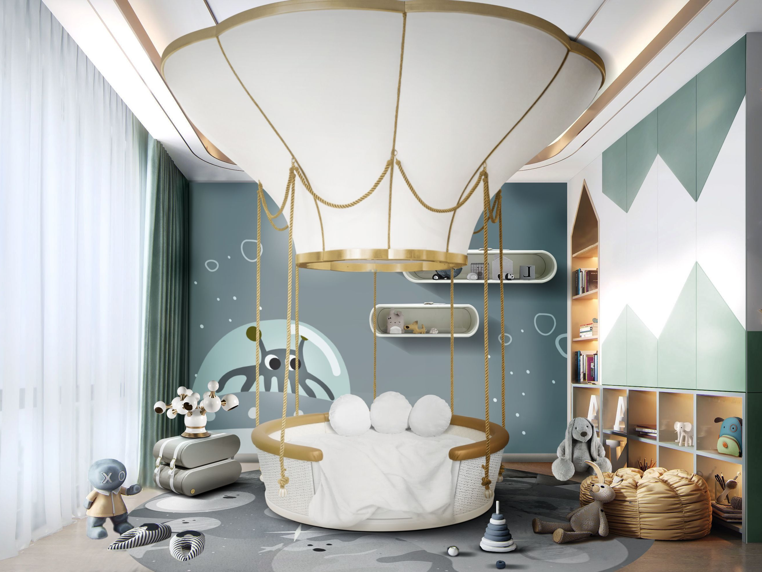 Fun and Comfortable Bedroom with Planet Party Round&nbsp;Rug by Rug'Society