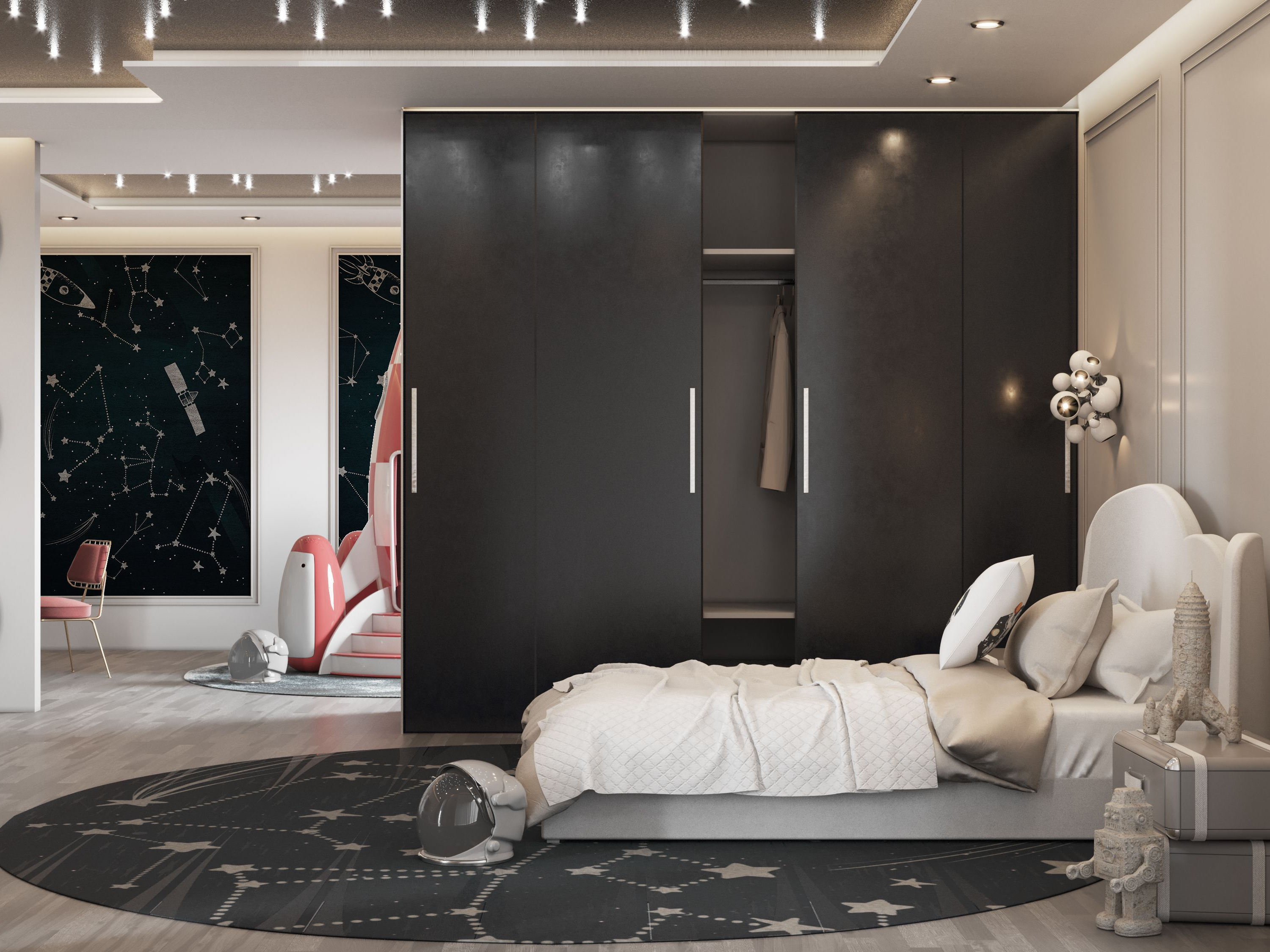 Galaxy Inspired Bedroom With Stellar Round&nbsp;Rug by Rug'Society