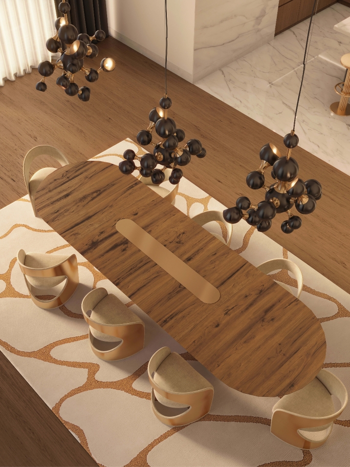 Gold Tones Contemporary Dining Room With Cell&nbsp;Rug by Rug'Society