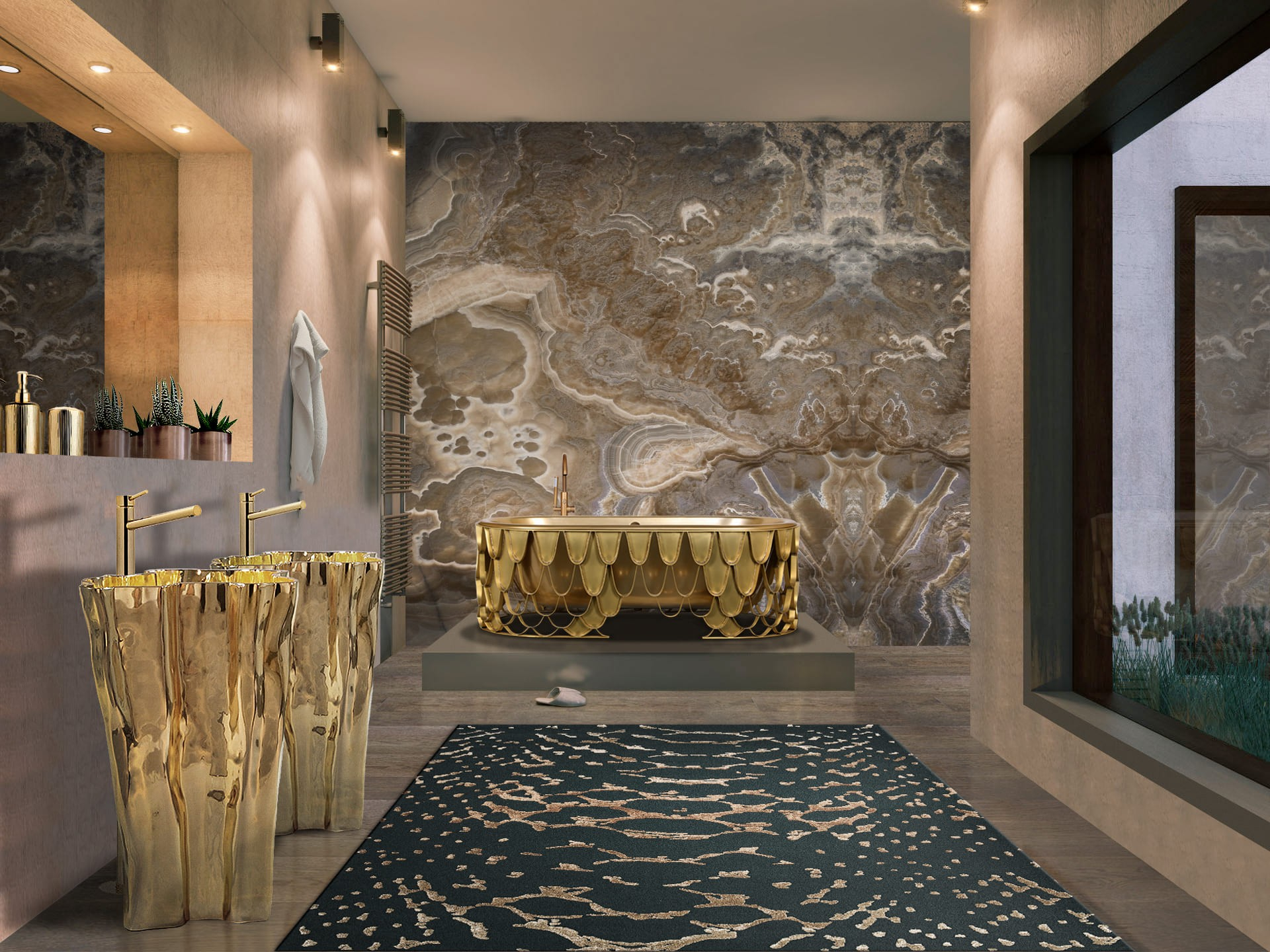 Golden and Green Luxury Bathroom with Animal Motifs and the Meta&nbsp;Rug by Rug'Society