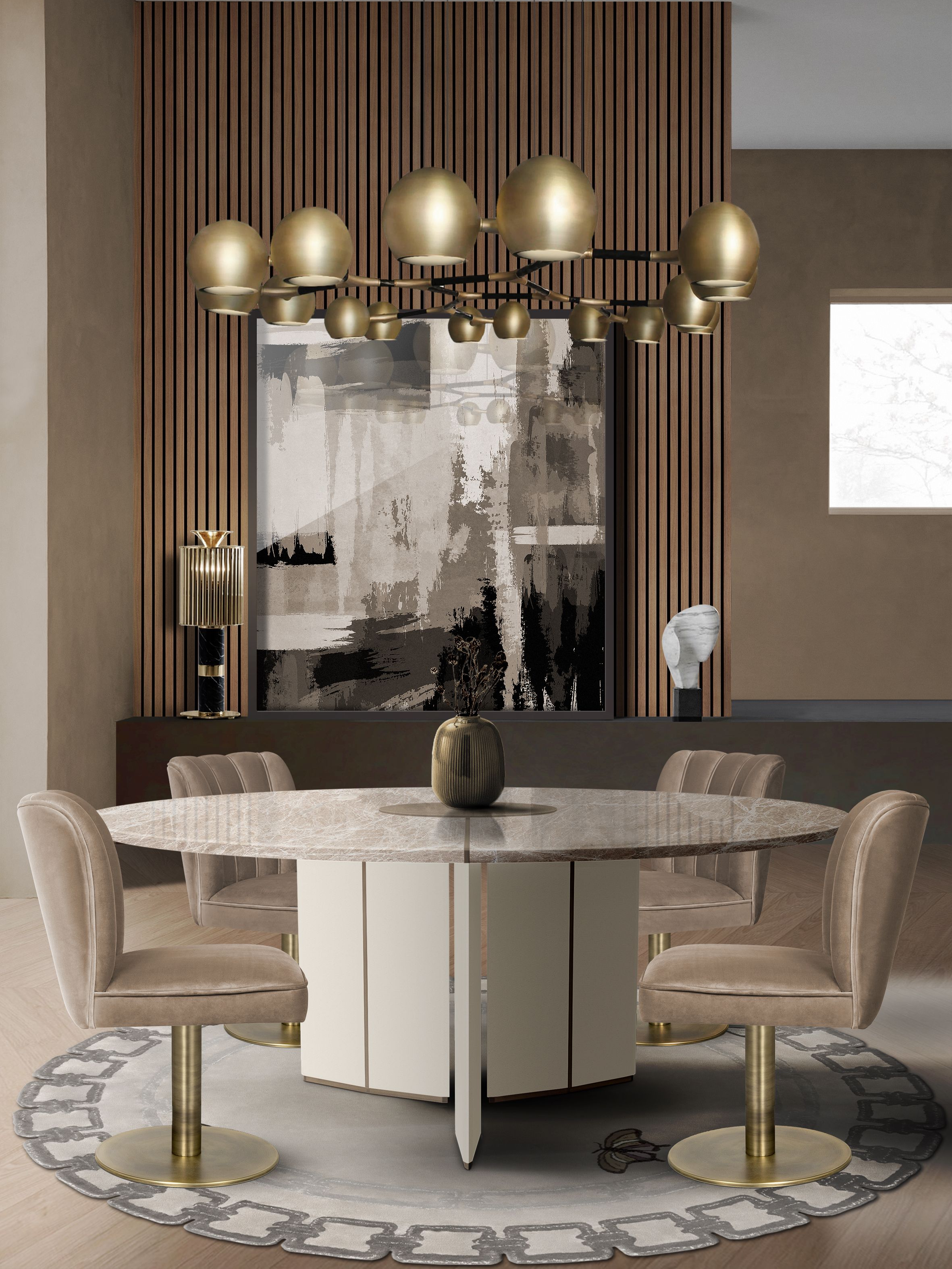 Golden Dining Room Experience with Metamorphosis&nbsp;Rug by Rug'Society