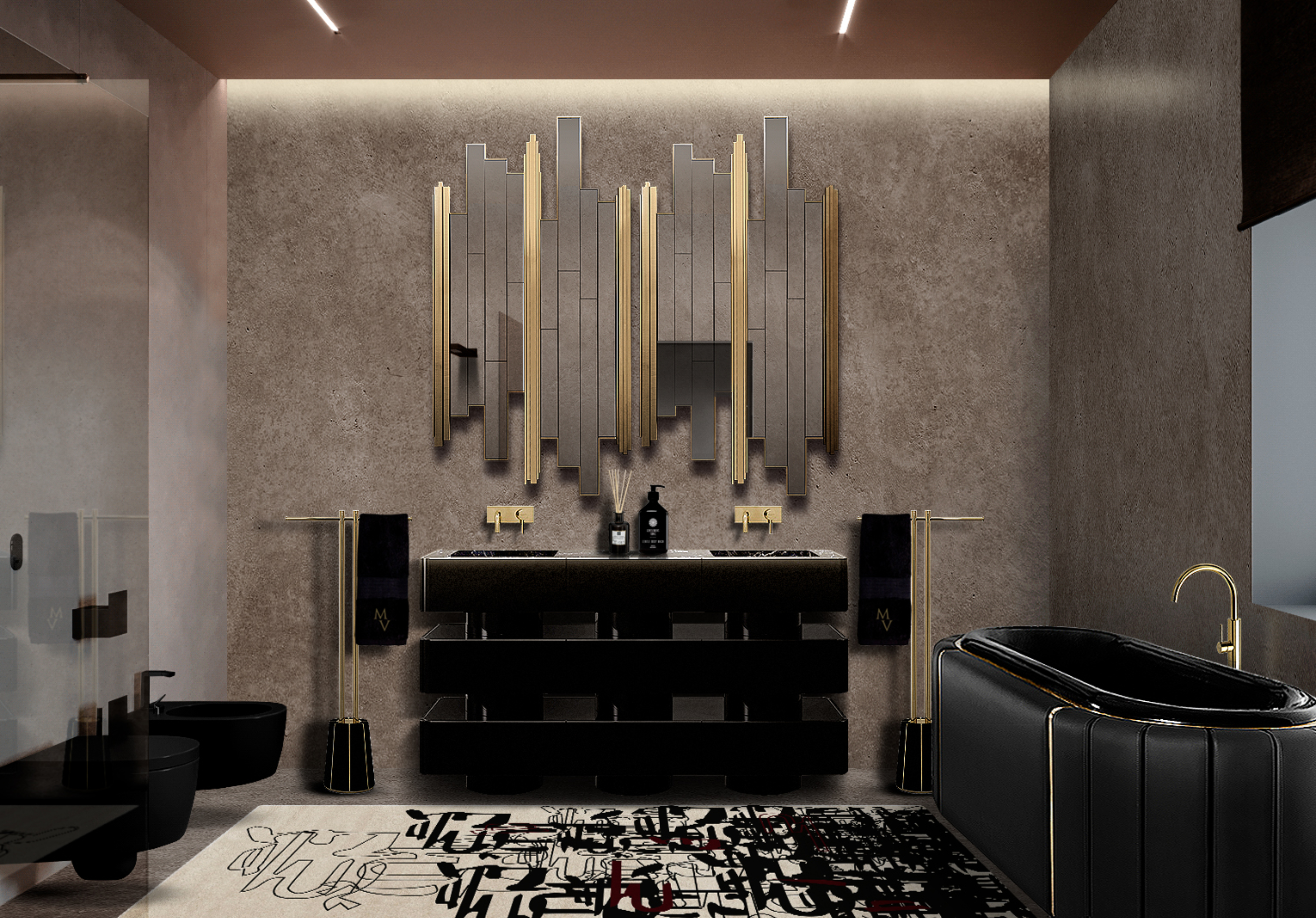 High-end and Neutral-toned bathroom with Inkblind&nbsp;rug by Rug'Society