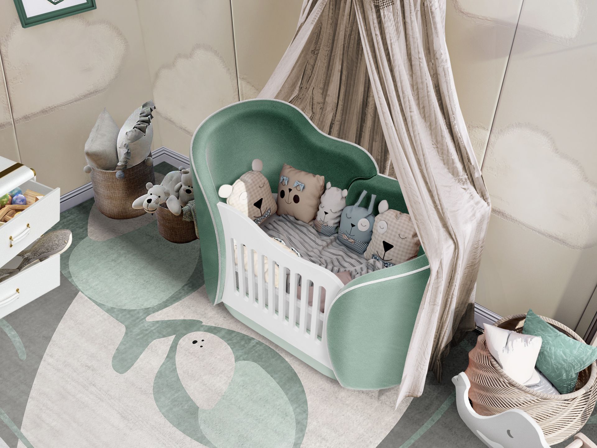 Kid's Bedroom With Green Tones and The Whale's Class&nbsp;Rug by Rug'Society