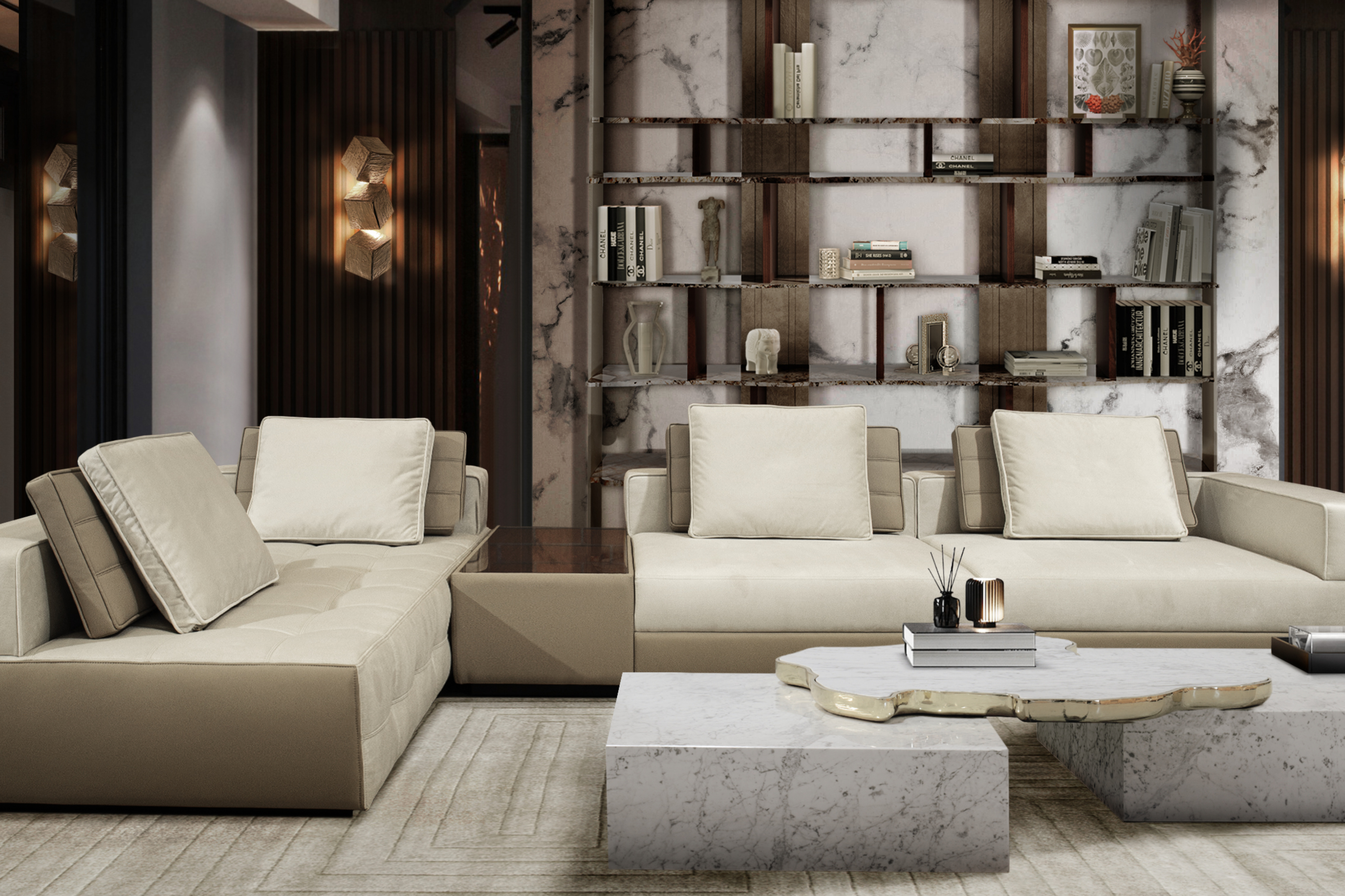 Luxurious and contemporary living room with White Garden&nbsp;rug by Rug'Society