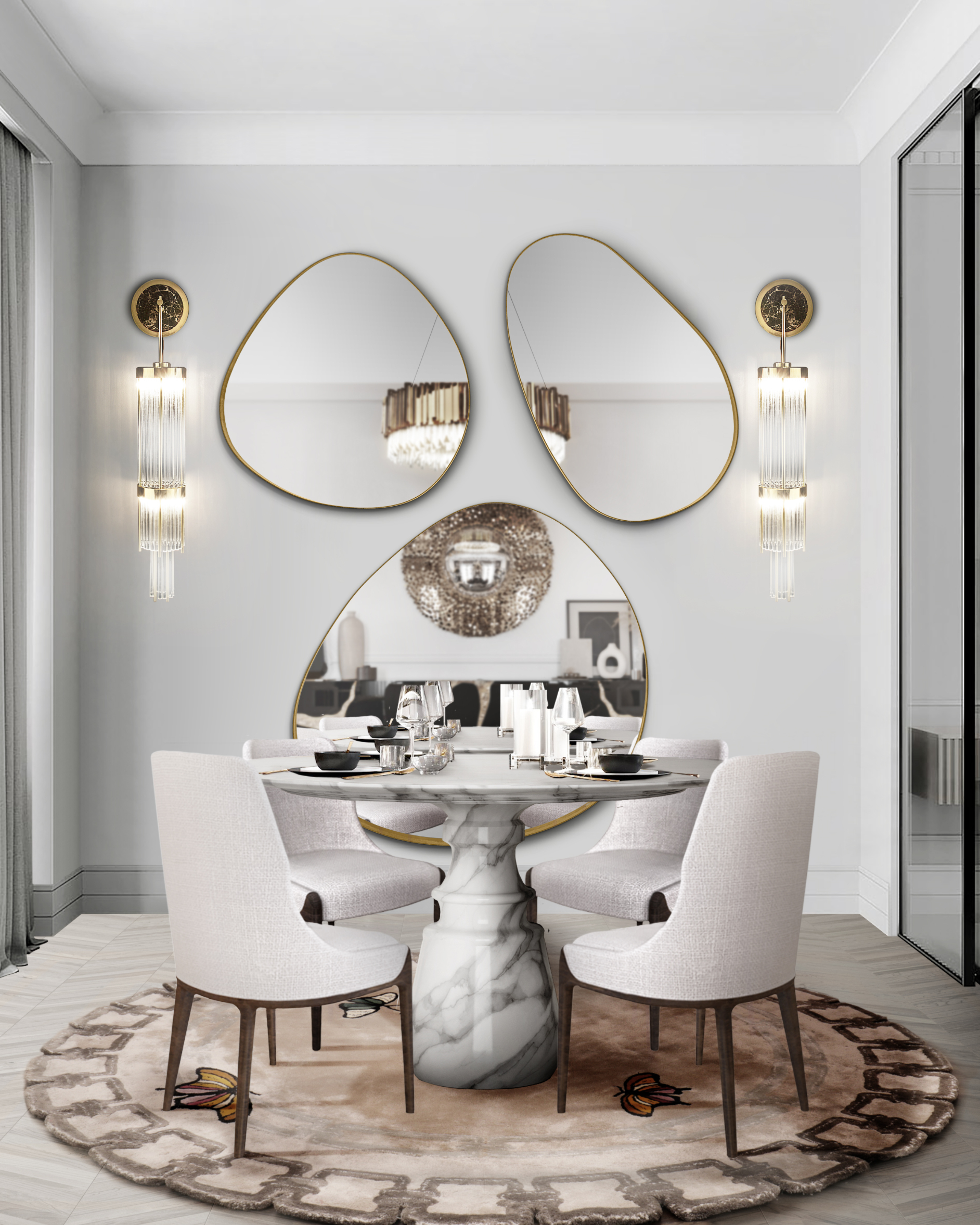 Luxurious and neutral toned dining room with Metamorphosis&nbsp;rug by Rug'Society