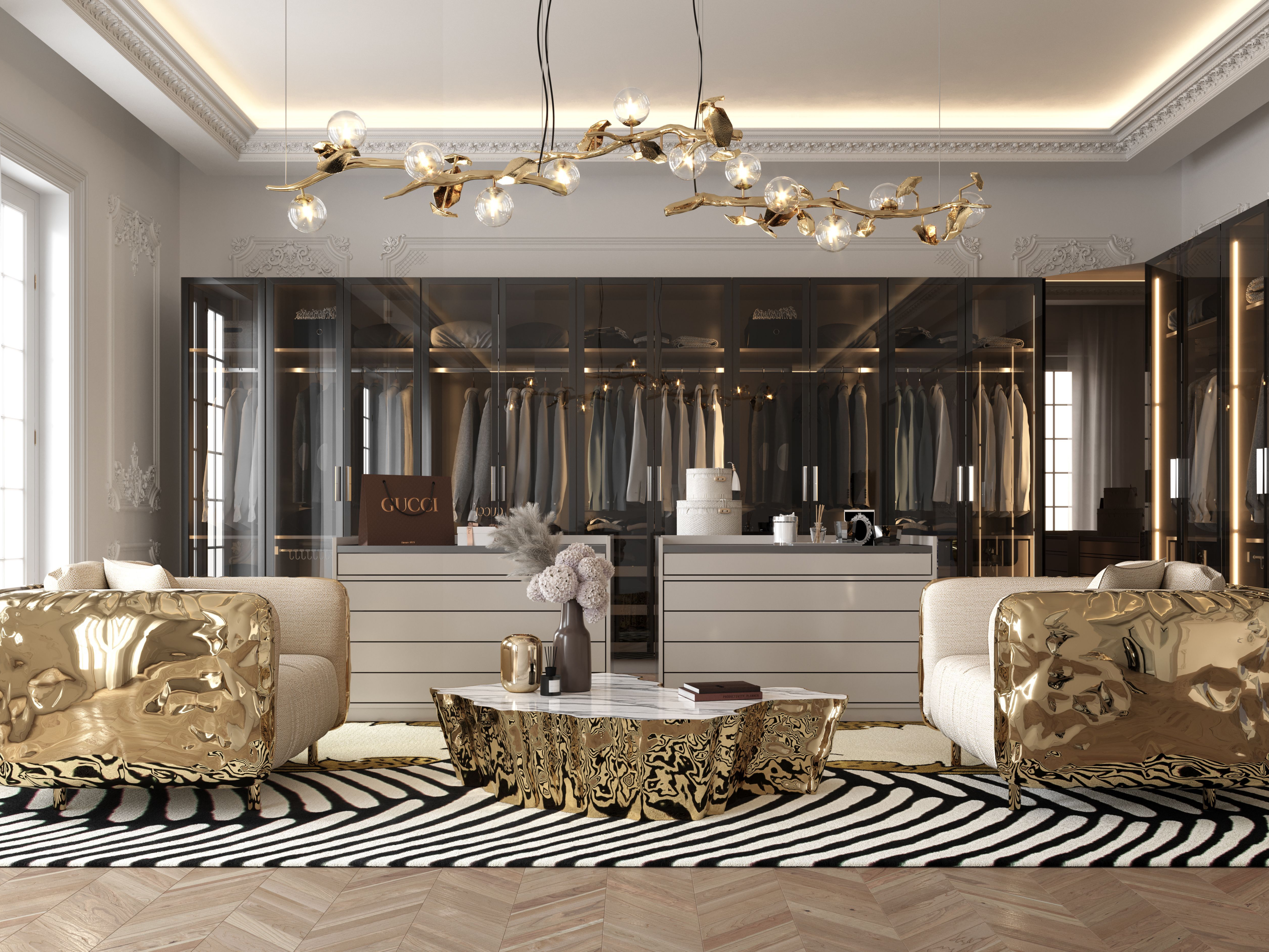Luxurious Closet Made With Gold Highlighting Our Couple&nbsp;Rug by Rug'Society
