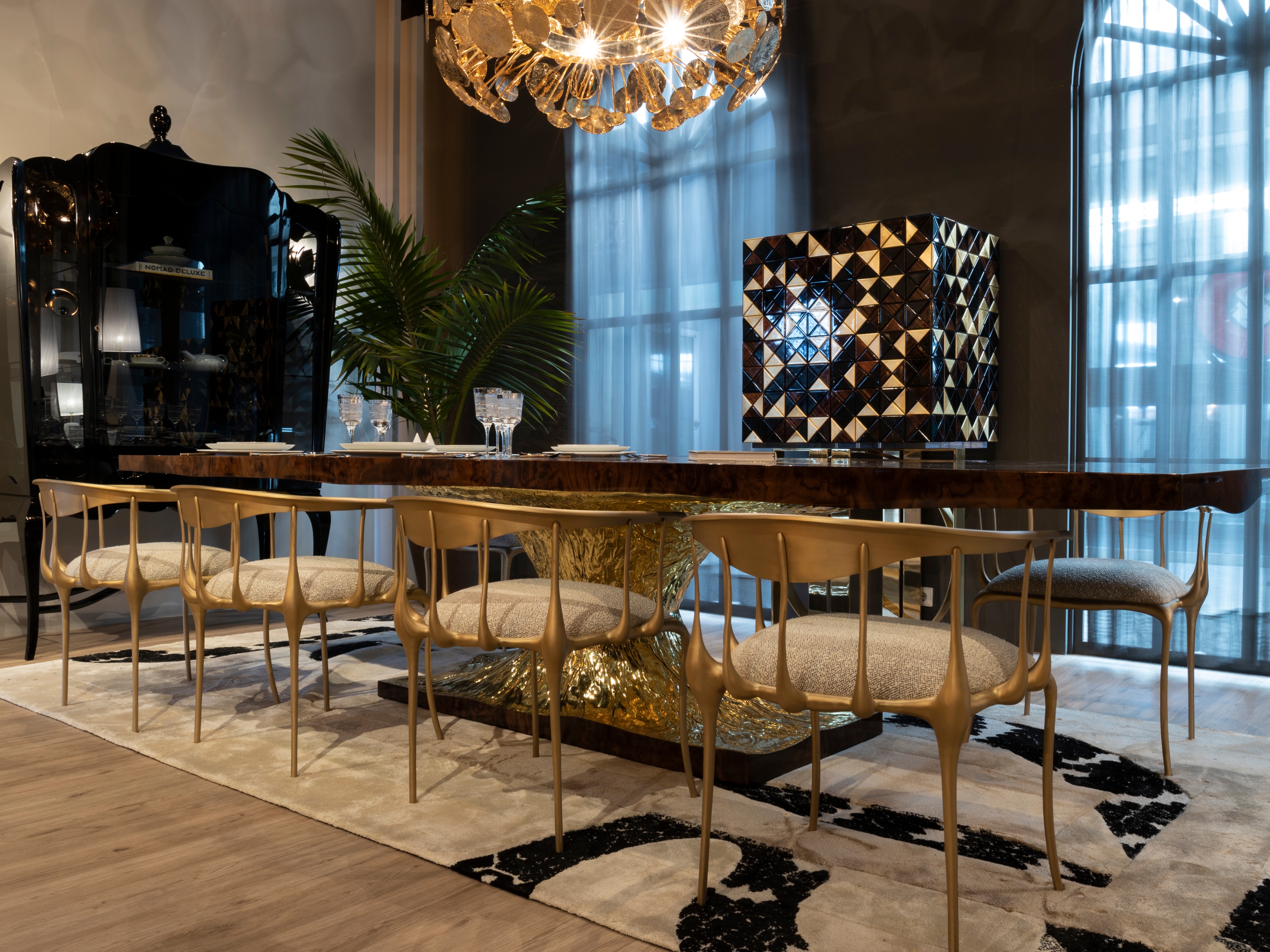 luxurious dining room decor with golden accessories and Imperial Snake&nbsp;Rug by Rug'Society