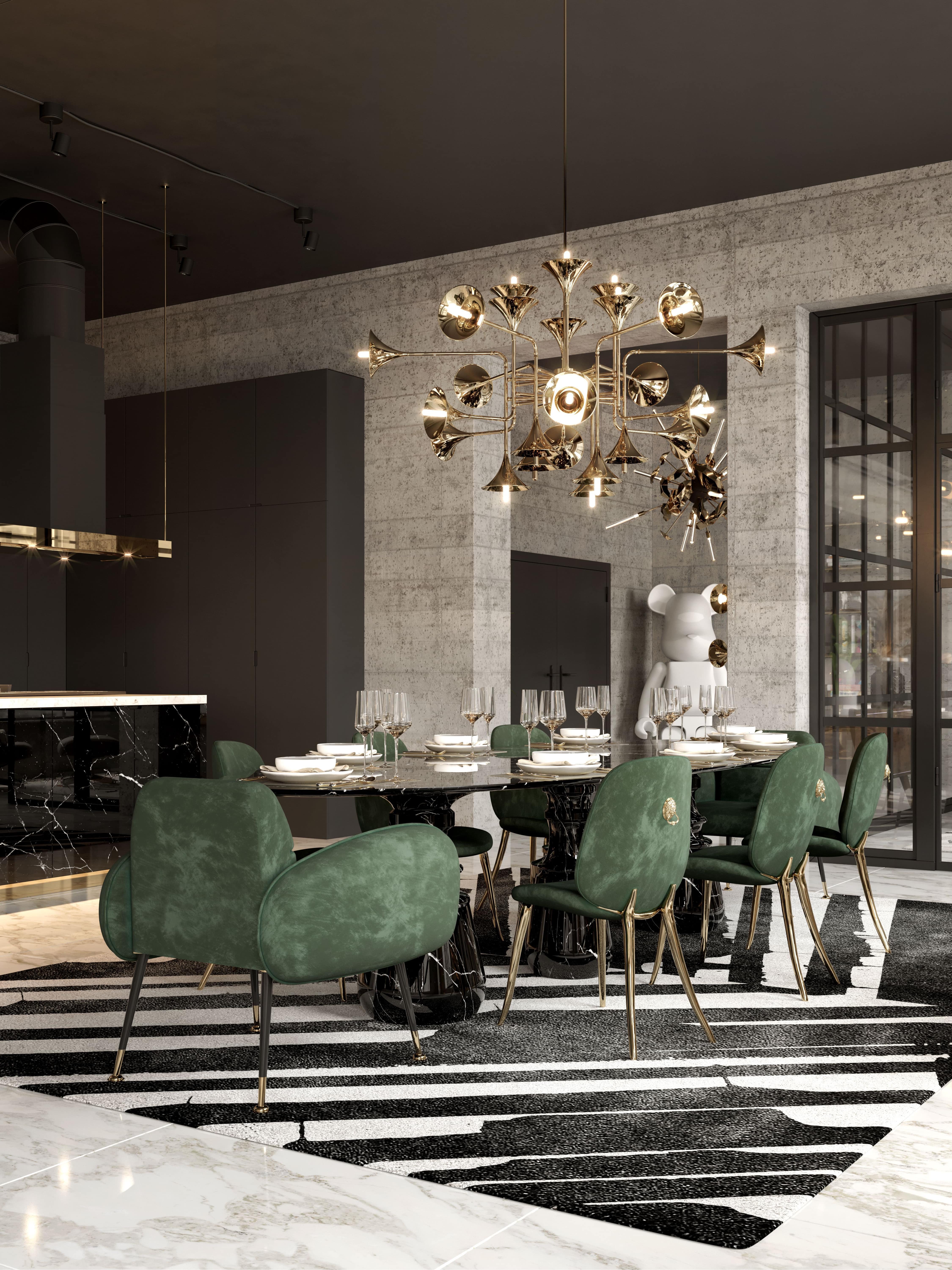 Luxurious Dining Room With Black Tones And Palm Minimal&nbsp;Rug by Rug'Society