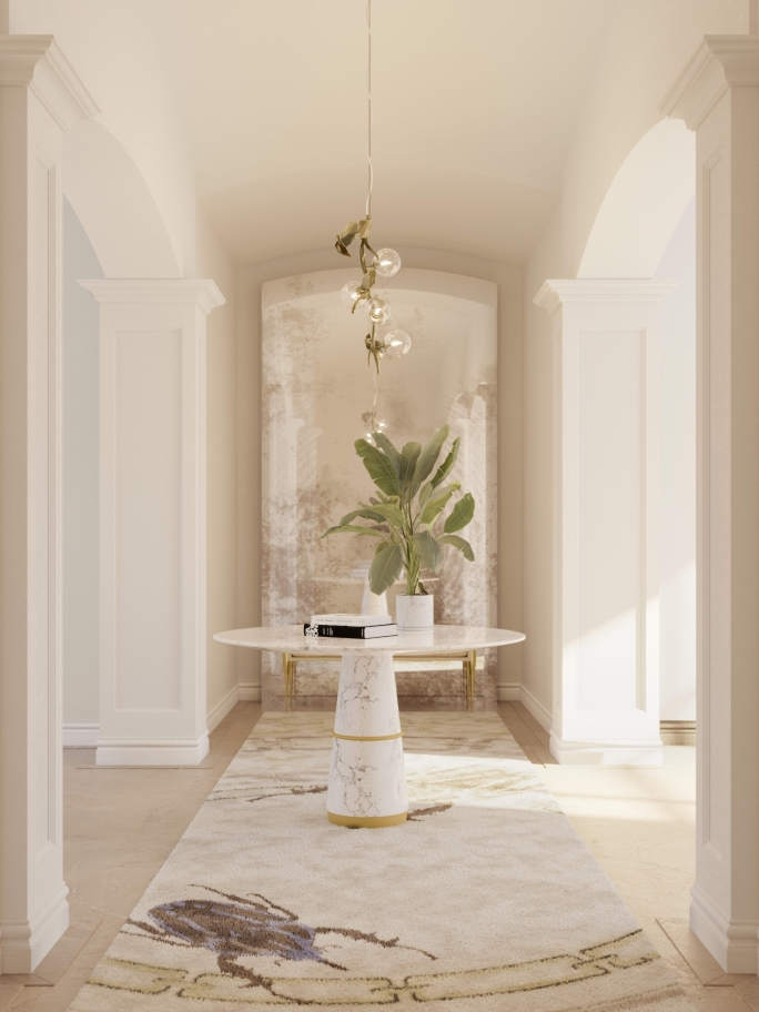 Luxurious Neutral Hallway Design With Golden Bugs II&nbsp;Rug by Rug'Society