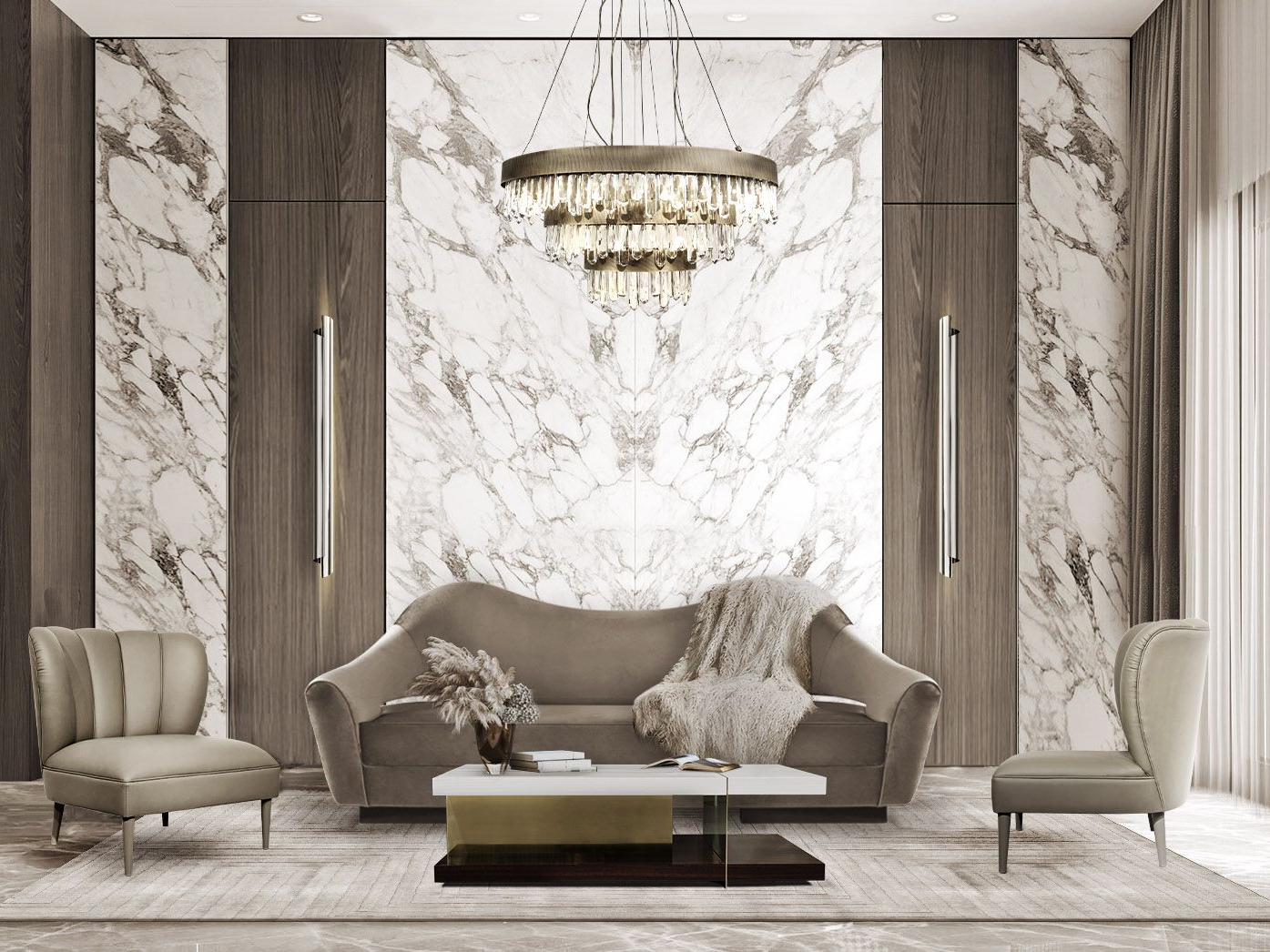 Luxurious Neutral Living Room With White Garden&nbsp;Rug by Rug'Society