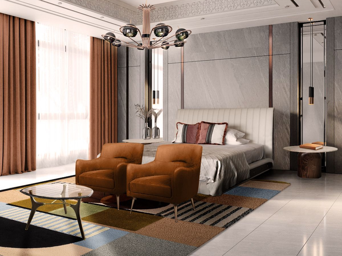 Luxury Bedroom with Mid-Century Geometric Isaac&nbsp;Rug by Rug'Society