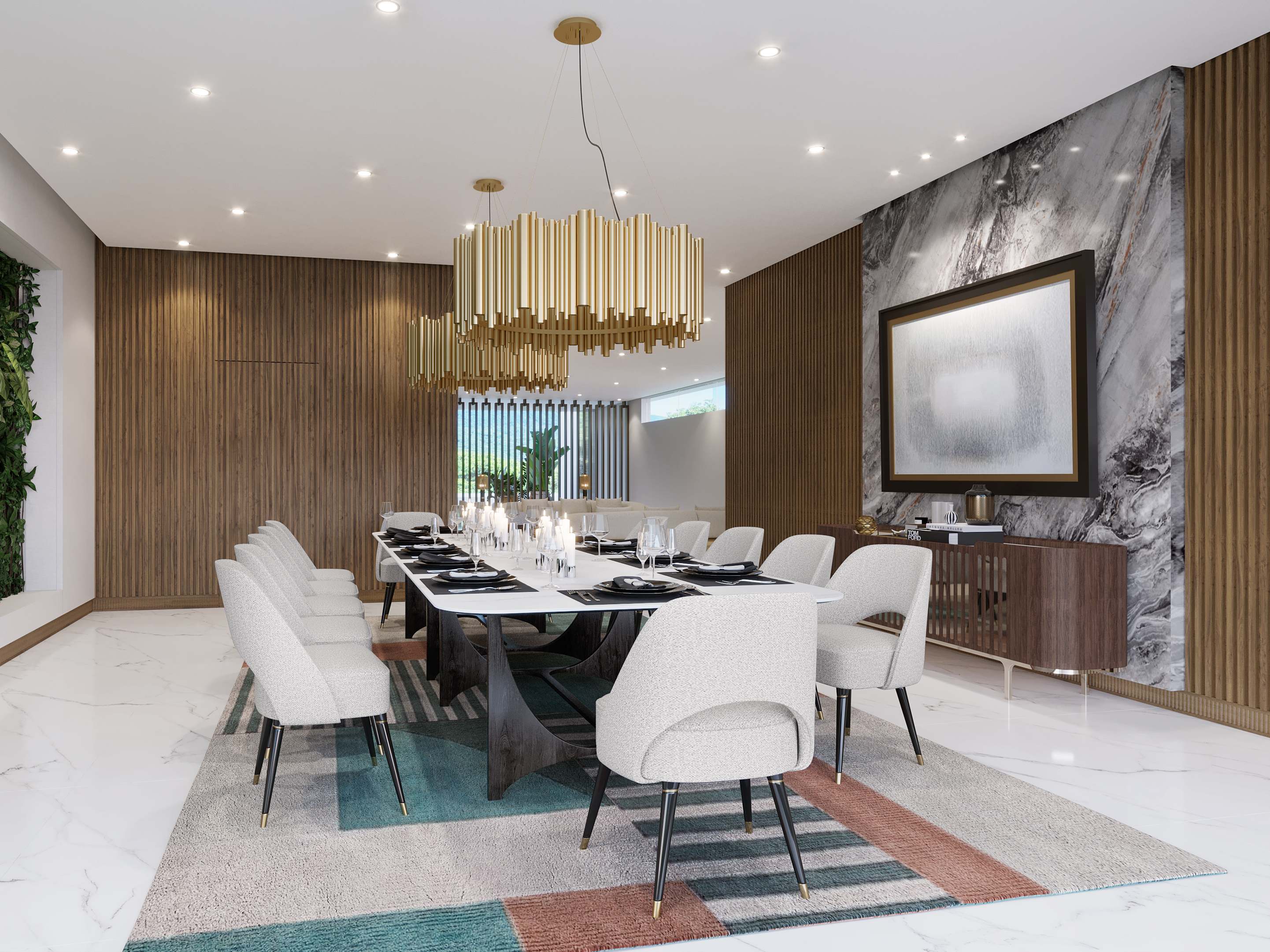 MID-CENTURY DINING ROOM WITH GEOMETRIC PRISMA II&nbsp;RUG by Rug'Society