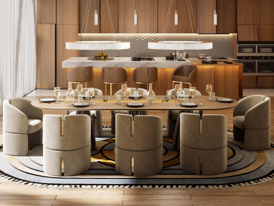 Mid-Century Sophisticated Dining Room With Kleopatra&nbsp;Rug by Rug'Society