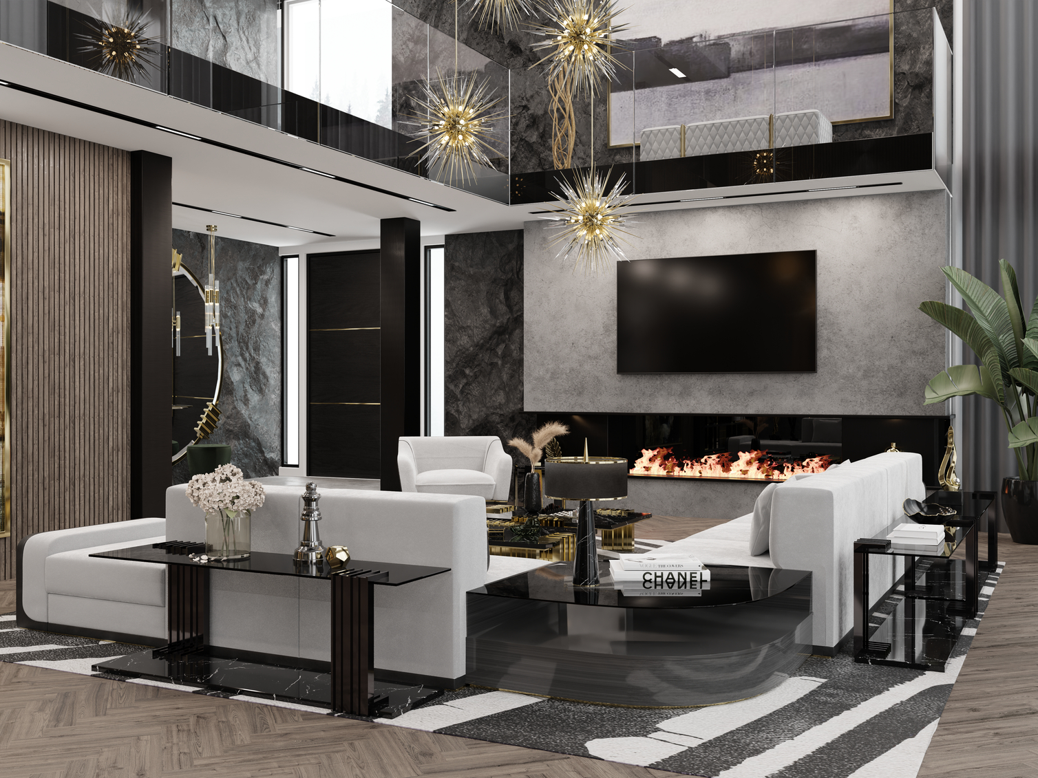 Minimalist Living Room Design With Palm Contemporary&nbsp;Rug by Rug'Society