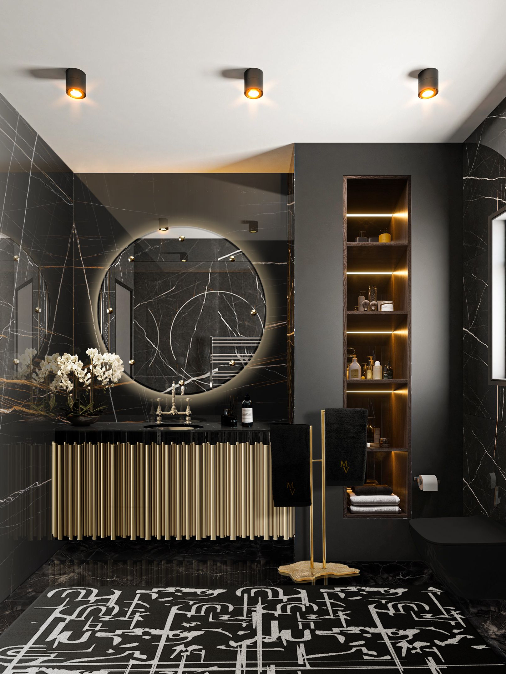 Modern and Unique Bathroom with Unique Black Ink&nbsp;Rug by Rug'Society
