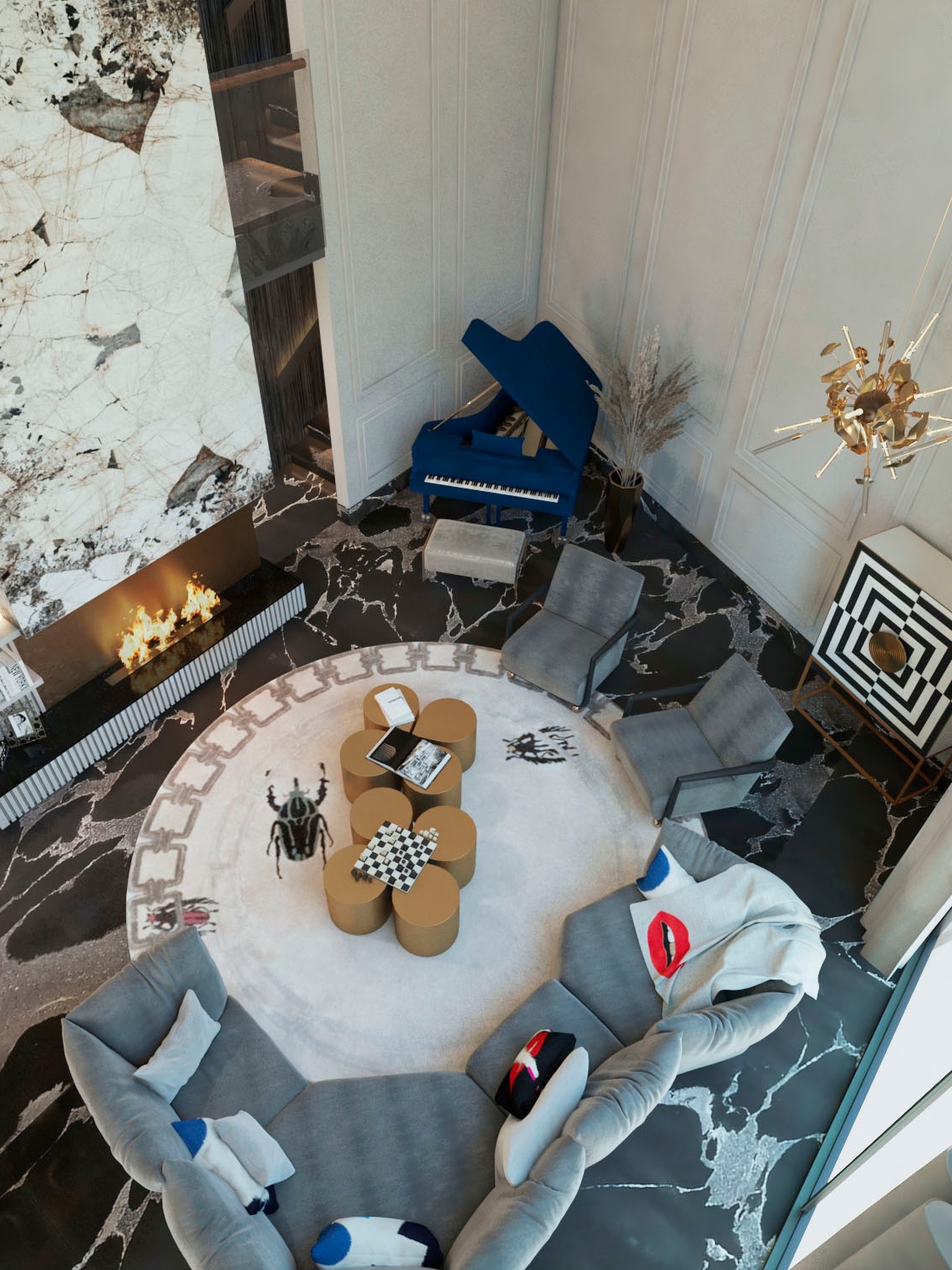 Modern Contemporary Living Room With Round Golden Bugs&nbsp;Rug by Rug'Society