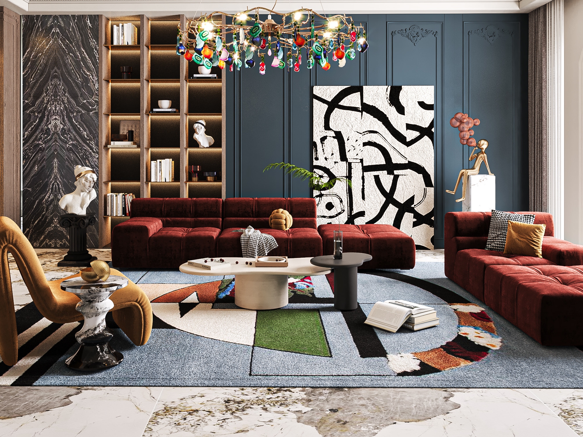 modern contemporary living room with the vibrant MIRA&nbsp;RUG by Rug'Society
