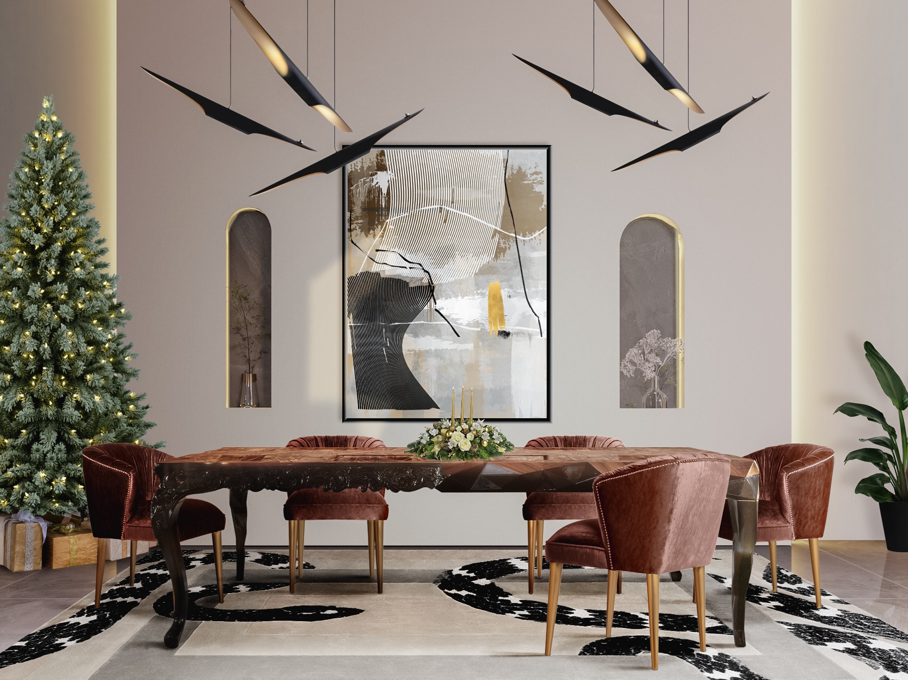 Modern Dining Room For the Holidays with Imperial Snake&nbsp;Rug by Rug'Society