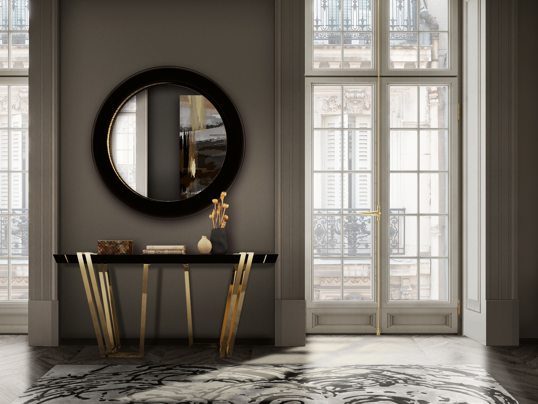 modern hallway décor showcases MERFILUS&nbsp;RUG by Rug'Society