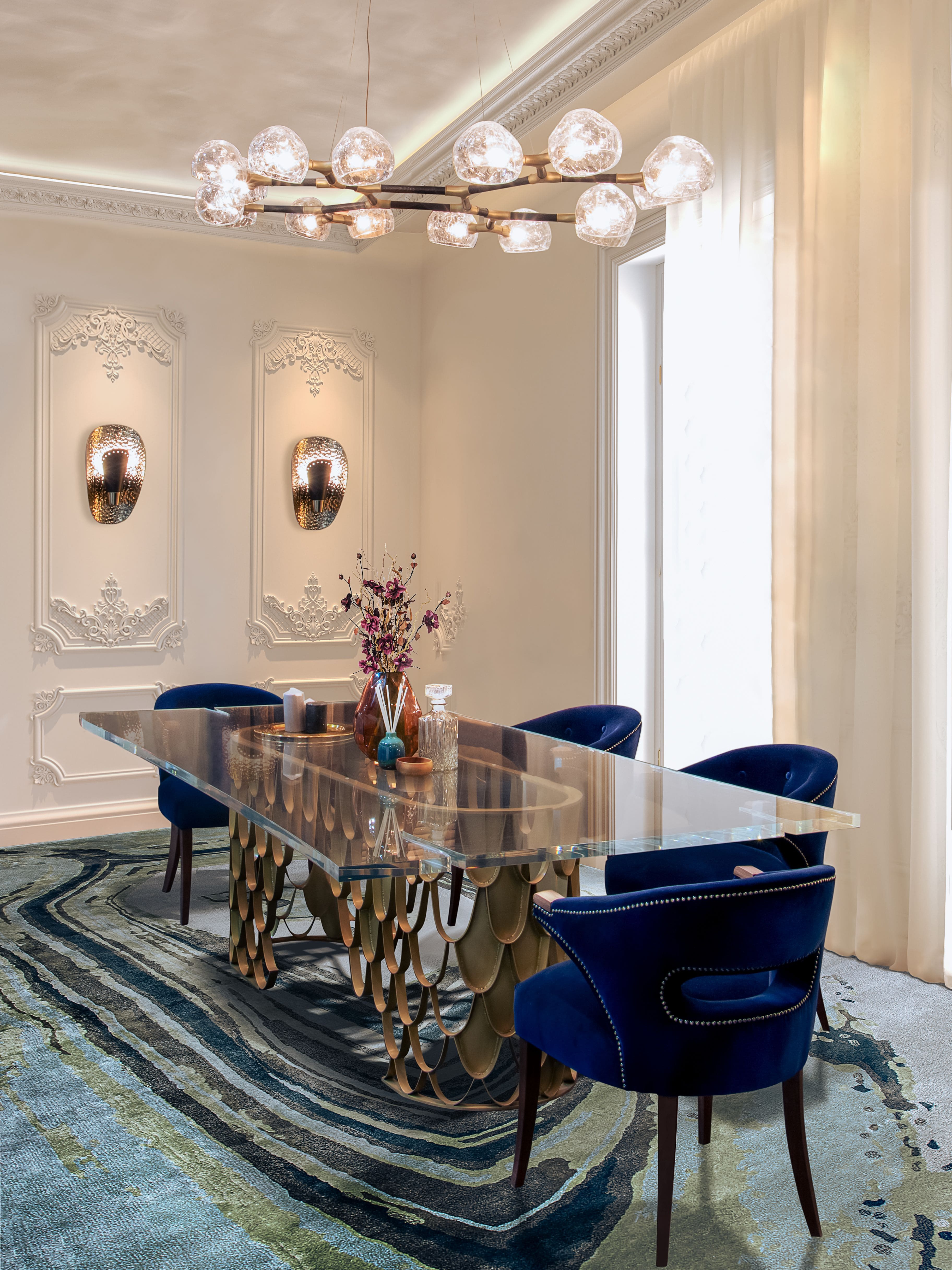 Modern Luxurious Dining Room With Agatha Botanical&nbsp;Rug by Rug'Society