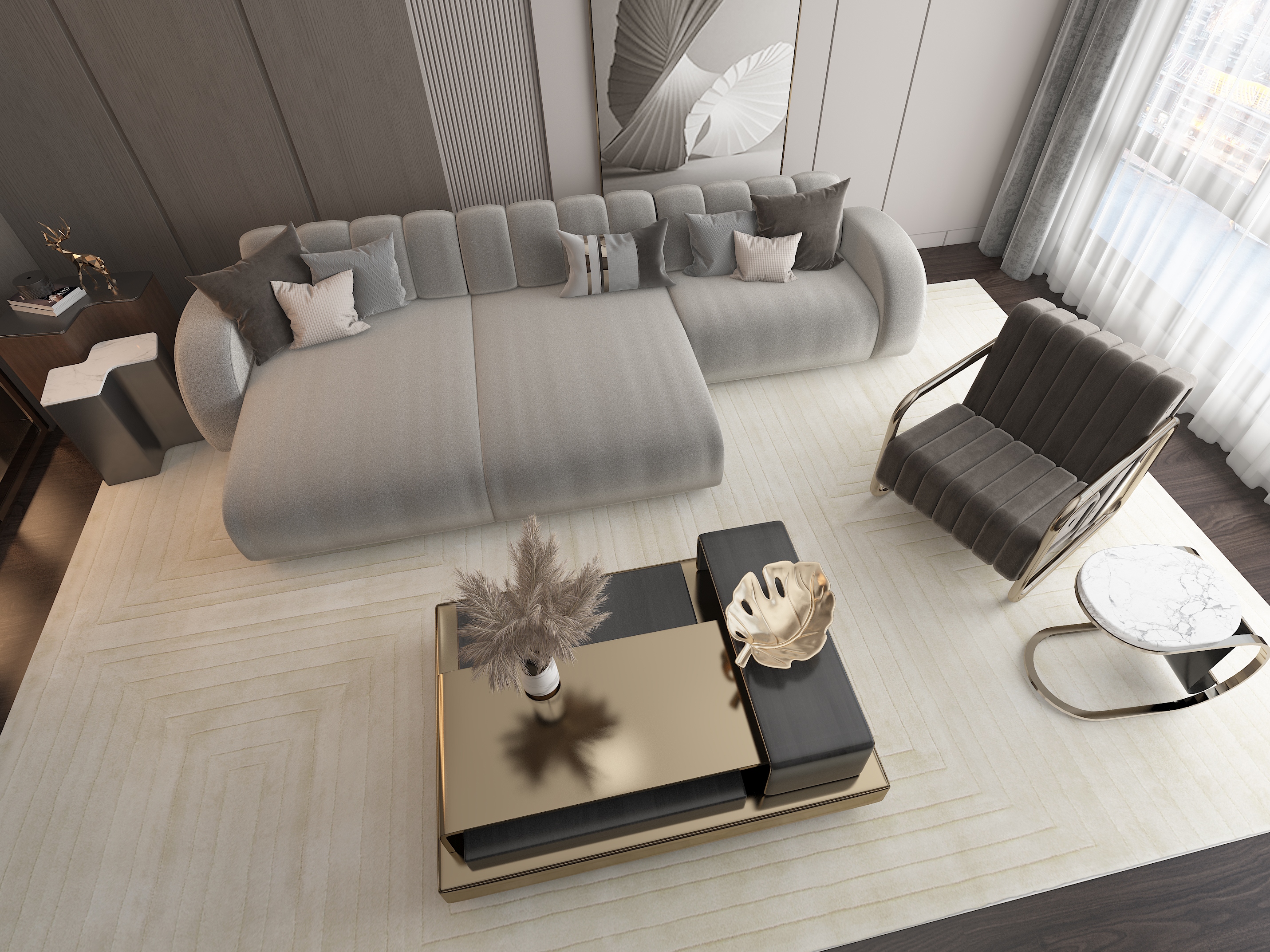 Modern mid-century living room with WHITE GARDEN&nbsp;RUG by Rug'Society