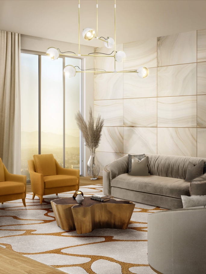 Modern Yellow-Toned Living Room Design With Cell&nbsp;Rug by Rug'Society