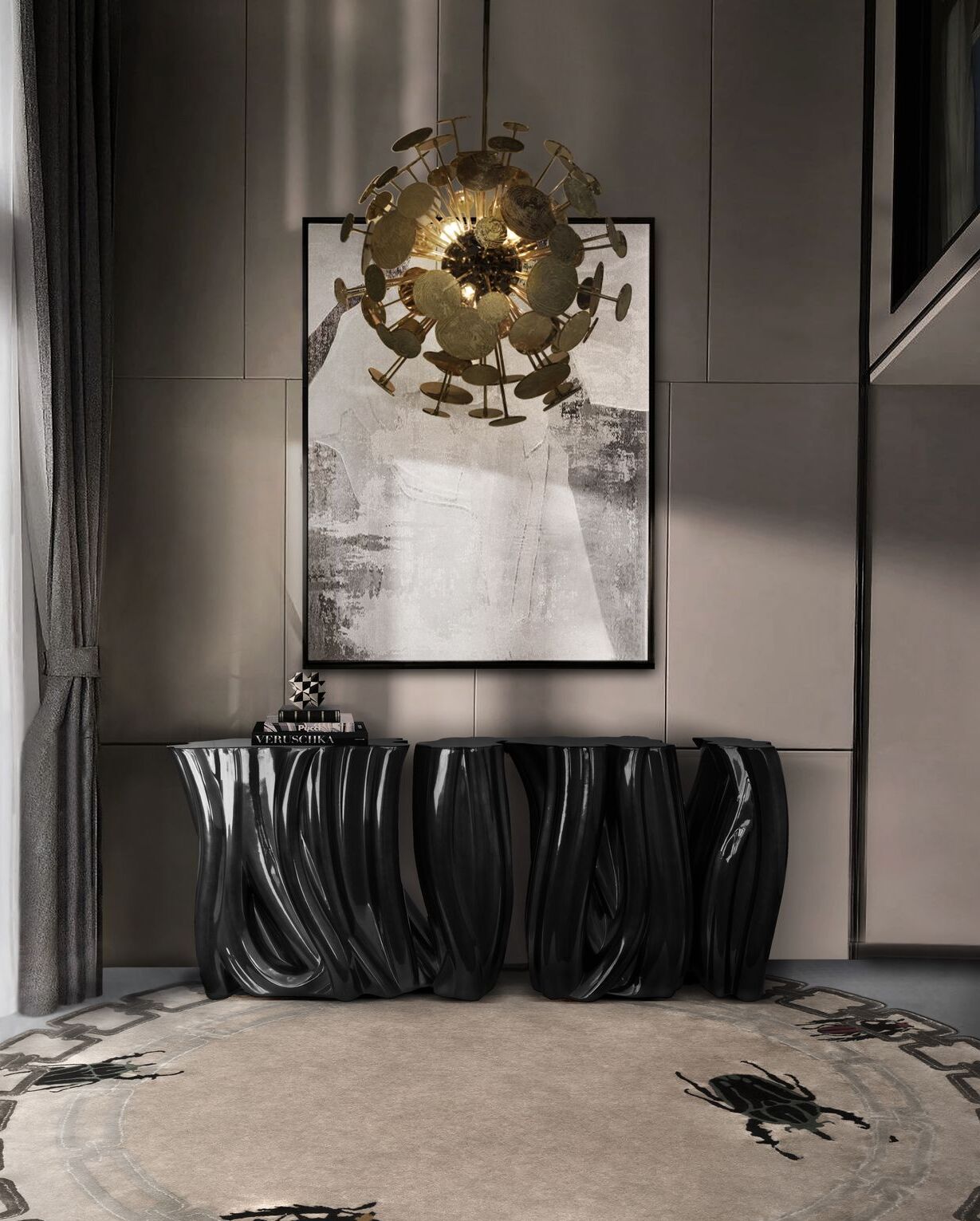 MONOCHROMATIC HALLWAY WITH GOLDEN BUGS&nbsp;RUG by Rug'Society