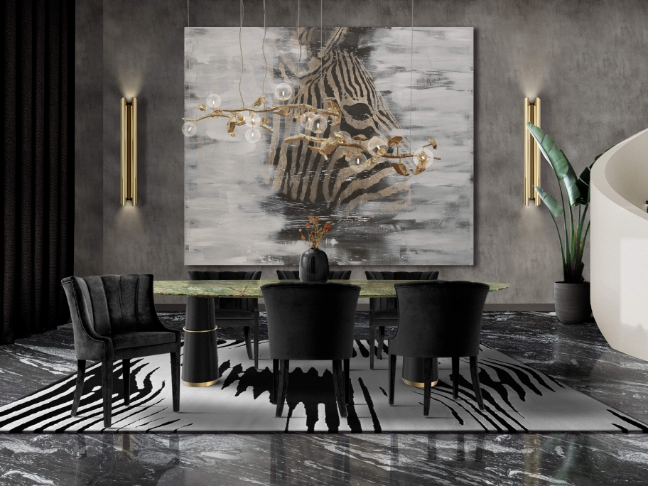 Nature-Inspired Black Tones Dining Room With Kotta&nbsp;Rug by Rug'Society