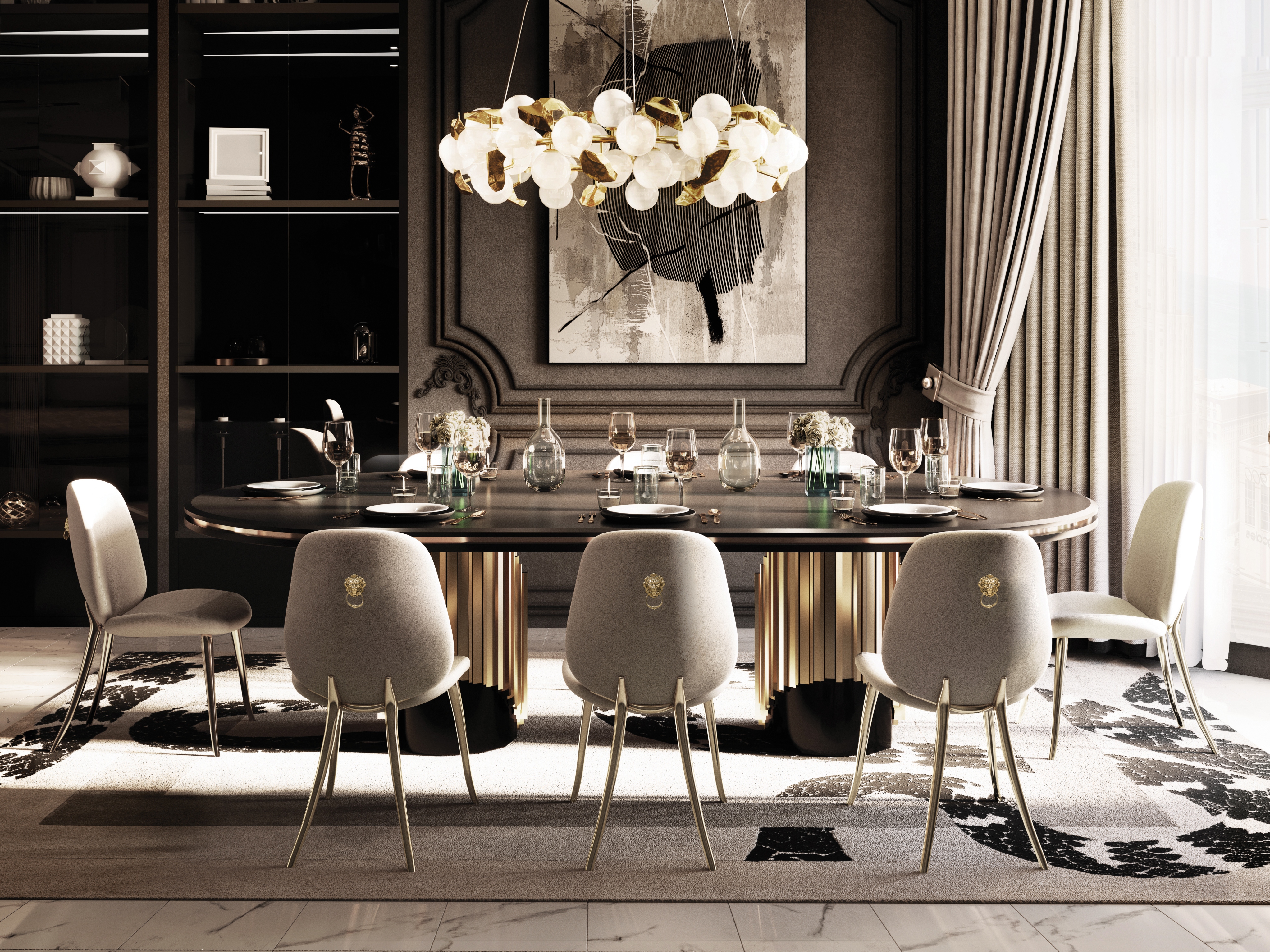 Neutral Contemporary Dining Room With Imperial Snake&nbsp;Rug by Rug'Society