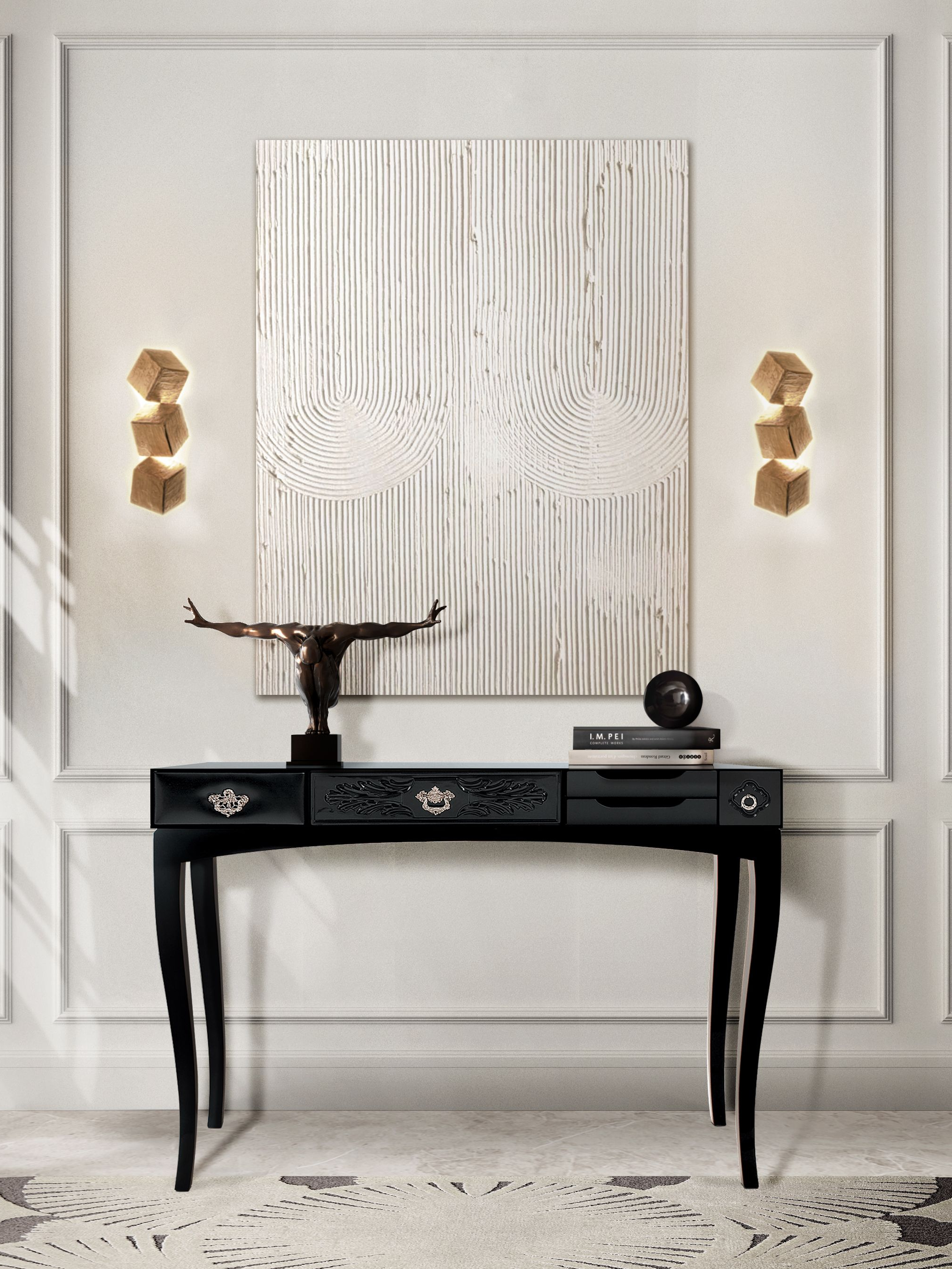 Neutral Hallway Design with Dêco Rug, Unusually Shaped Rug with&nbsp;Fringes by Rug'Society