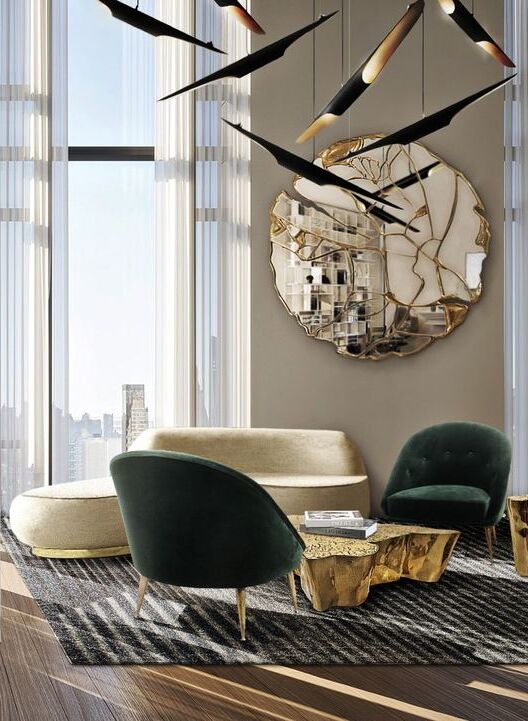 Neutral Living Room With Golden Details And Air&nbsp;Rug by Rug'Society