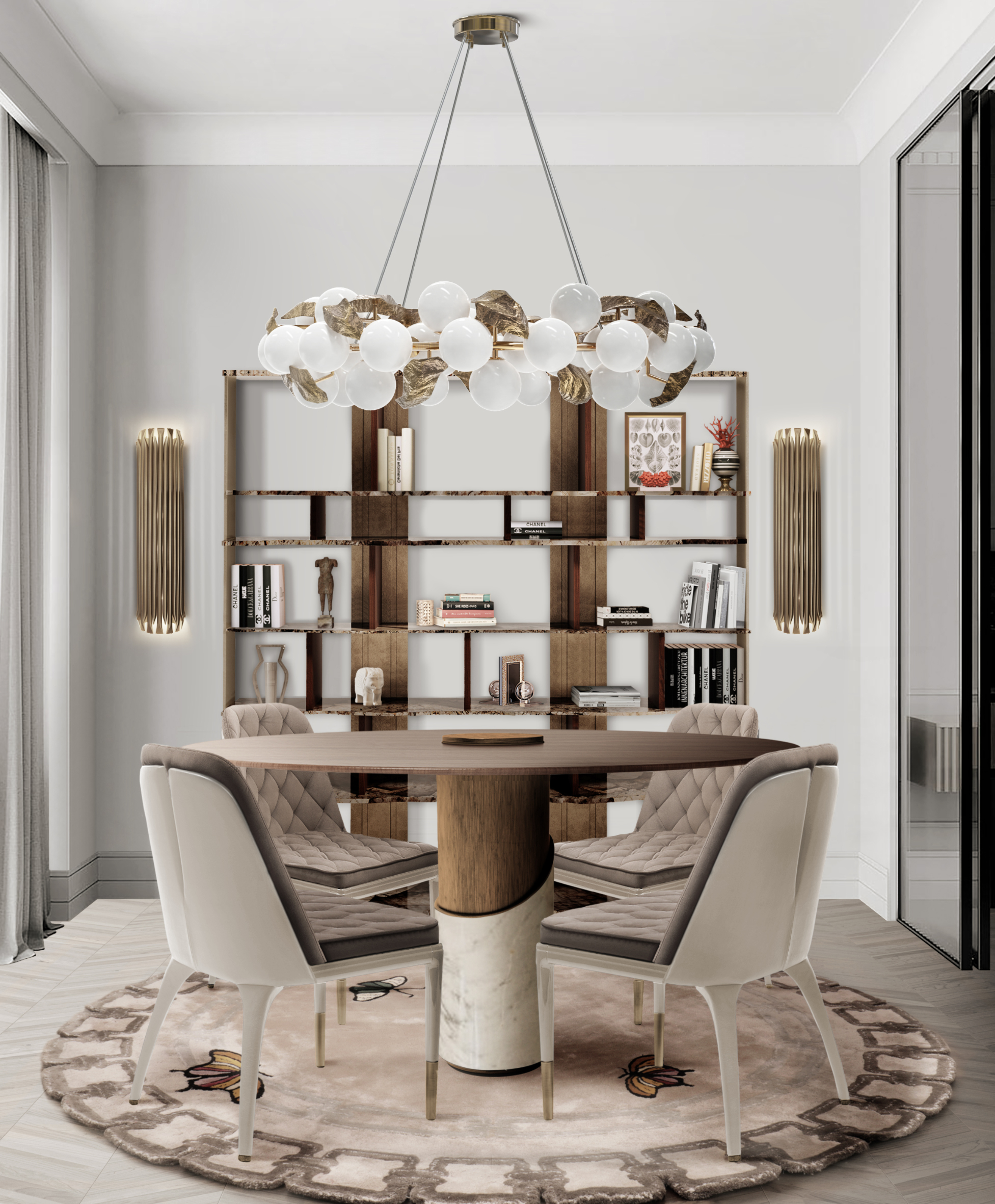 Neutral-toned dining room with metamorphosis&nbsp;rug by Rug'Society