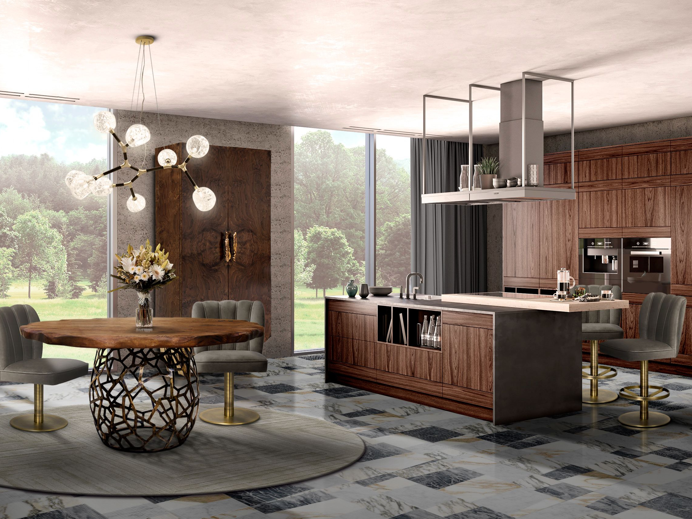 Open Dining Room With Curved Shapes and White Garden Round&nbsp;Rug by Rug'Society