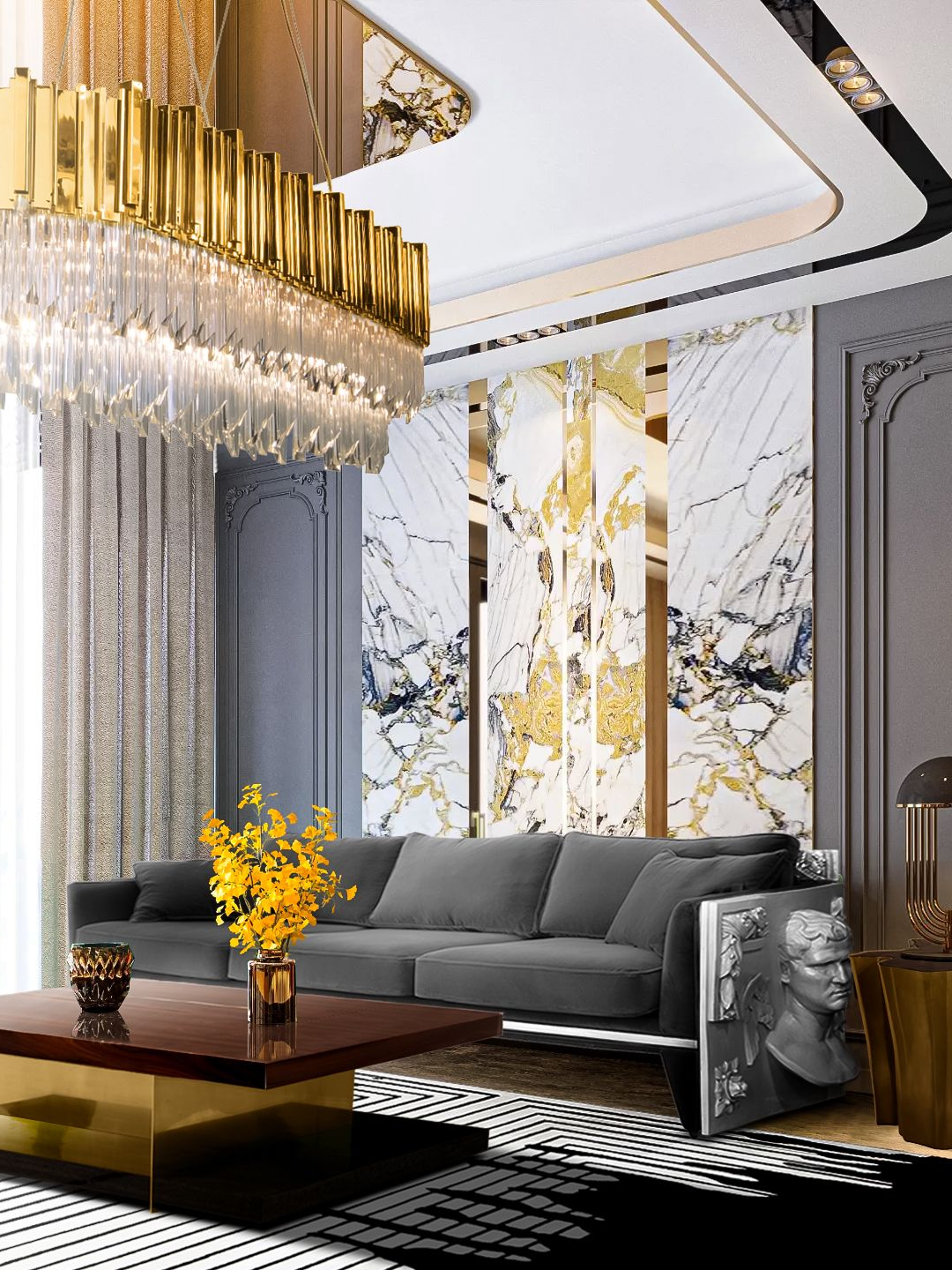 Opulent Modern Contemporary Living Room With Valencia Black&nbsp;Rug by Rug'Society